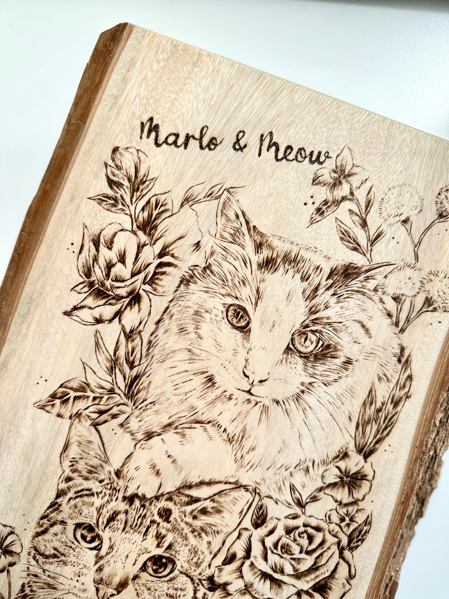 Custom Pet Portrait on Natural Wood with Bark – Handmade Pyrography Art