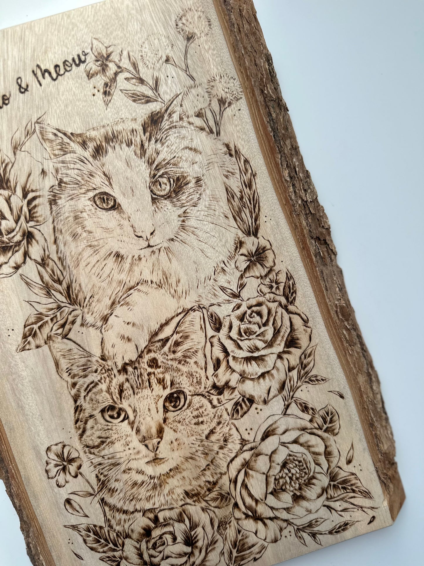 Custom Pet Portrait on Natural Wood with Bark – Handmade Pyrography Art
