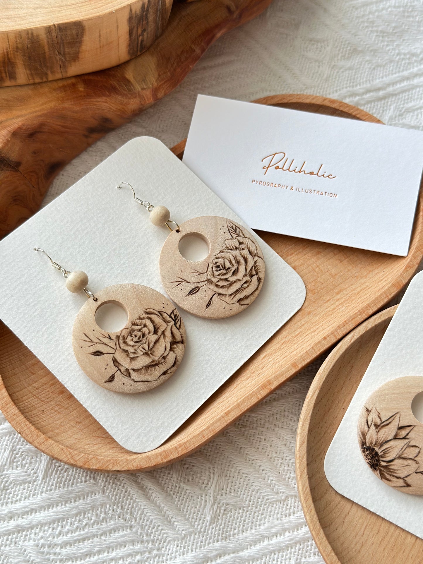Flower Wood Circle Earrings