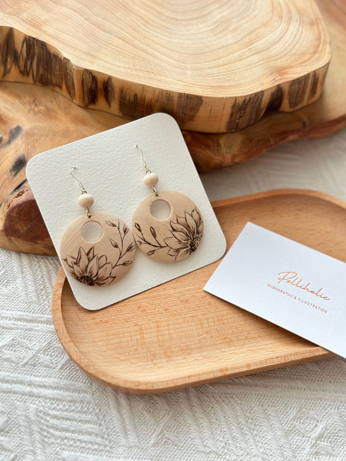 Flower Wood Circle Earrings