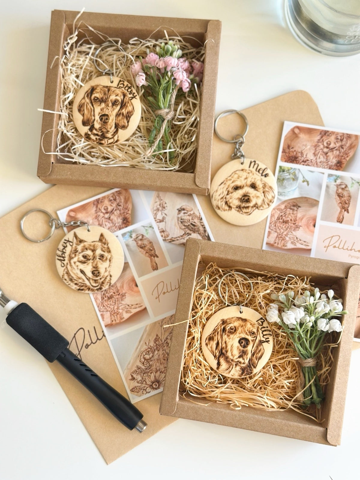Custom Pet Portrait Key Ring – Handmade Pyrography on Wood