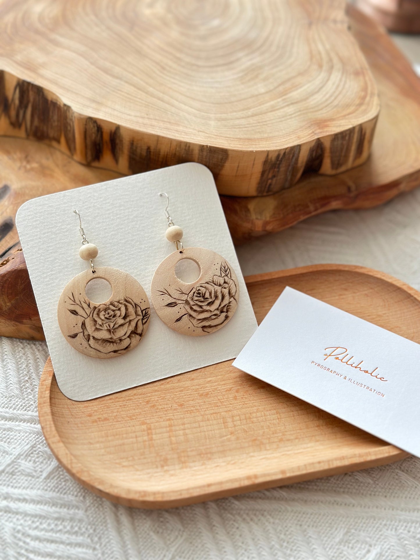 Flower Wood Circle Earrings