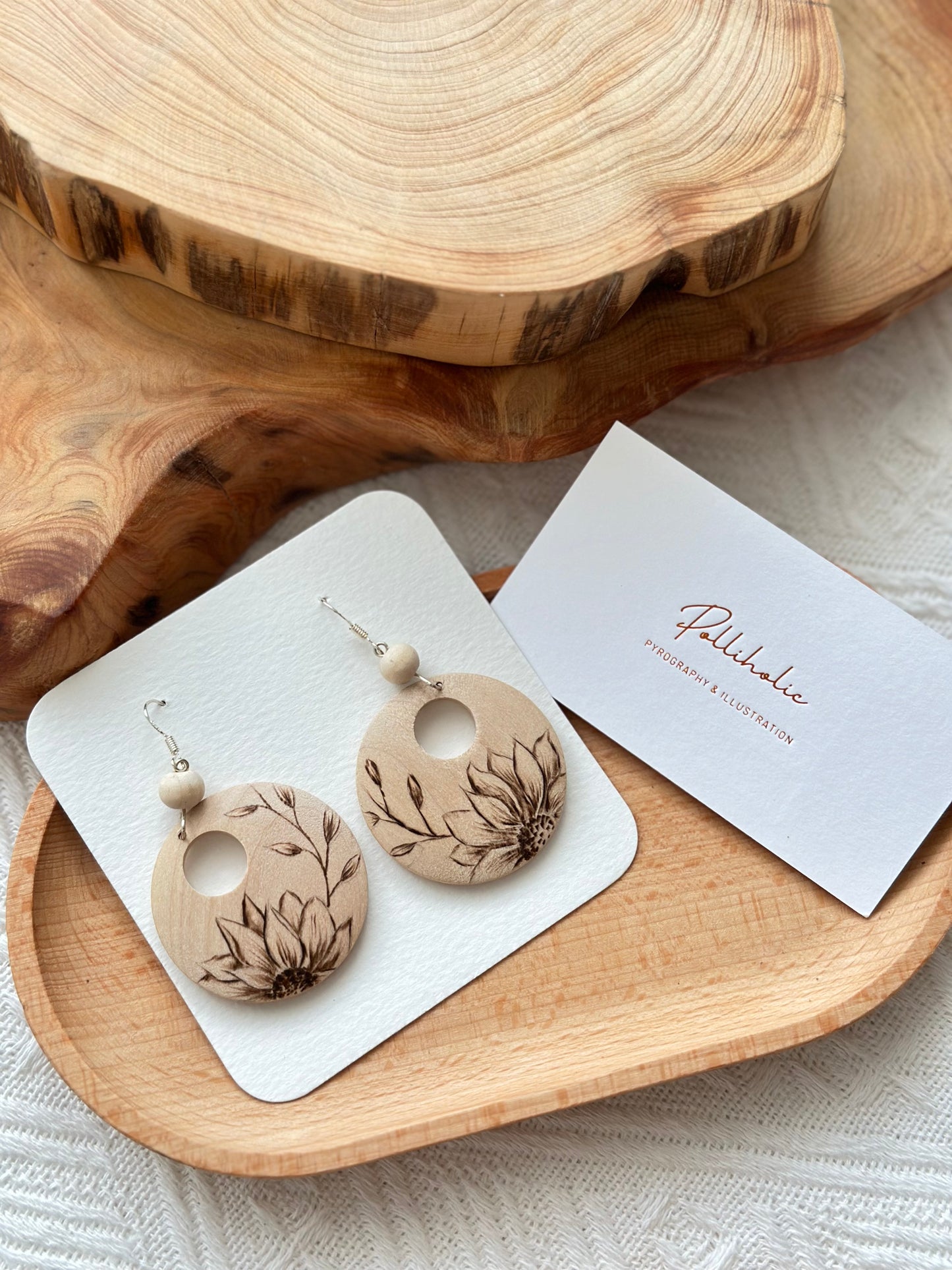 Flower Wood Circle Earrings