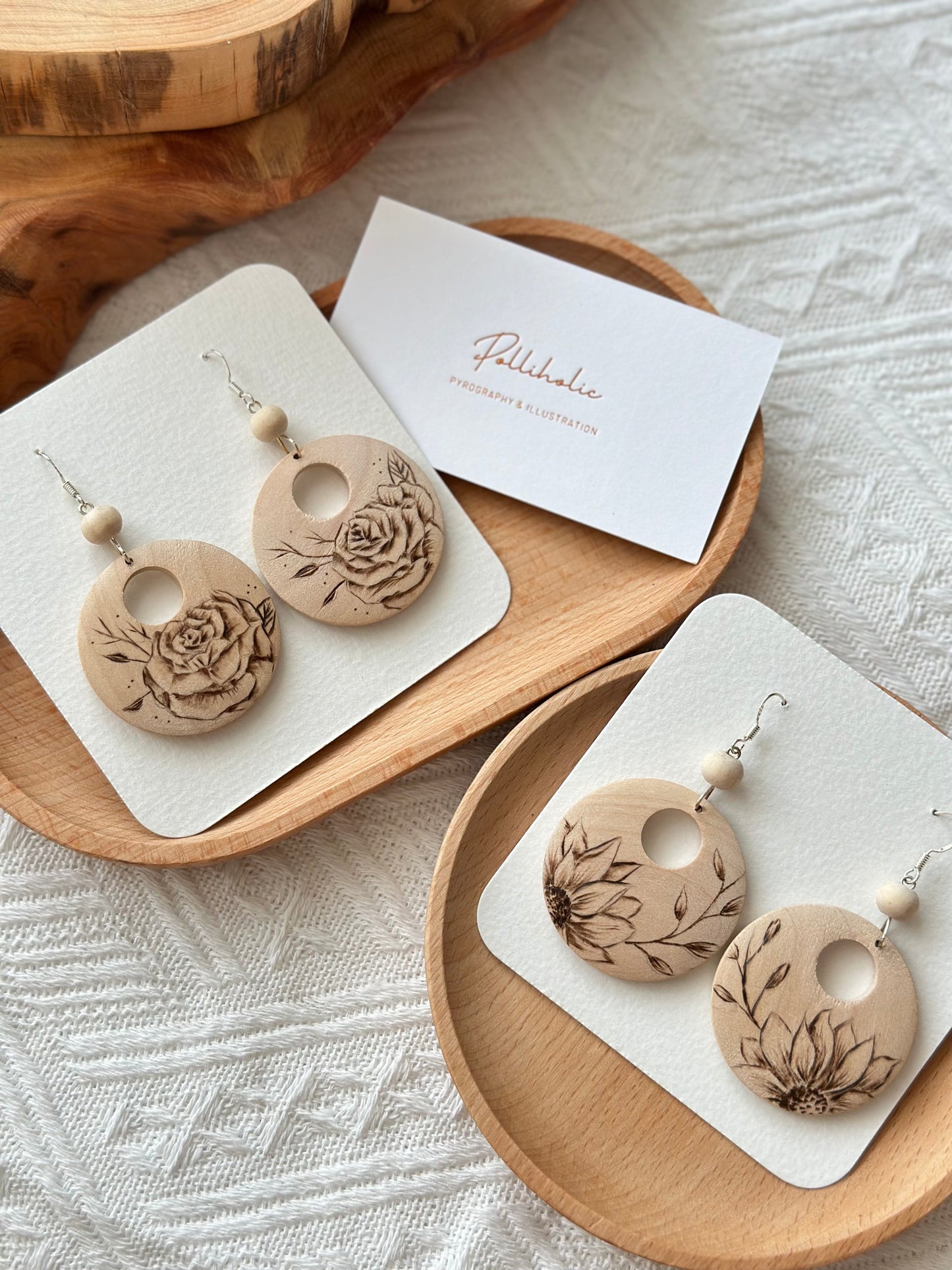 Flower Wood Circle Earrings