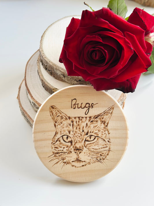 Custom Pet Portrait Wood Coaster – Hand-Burned Pyrography Art