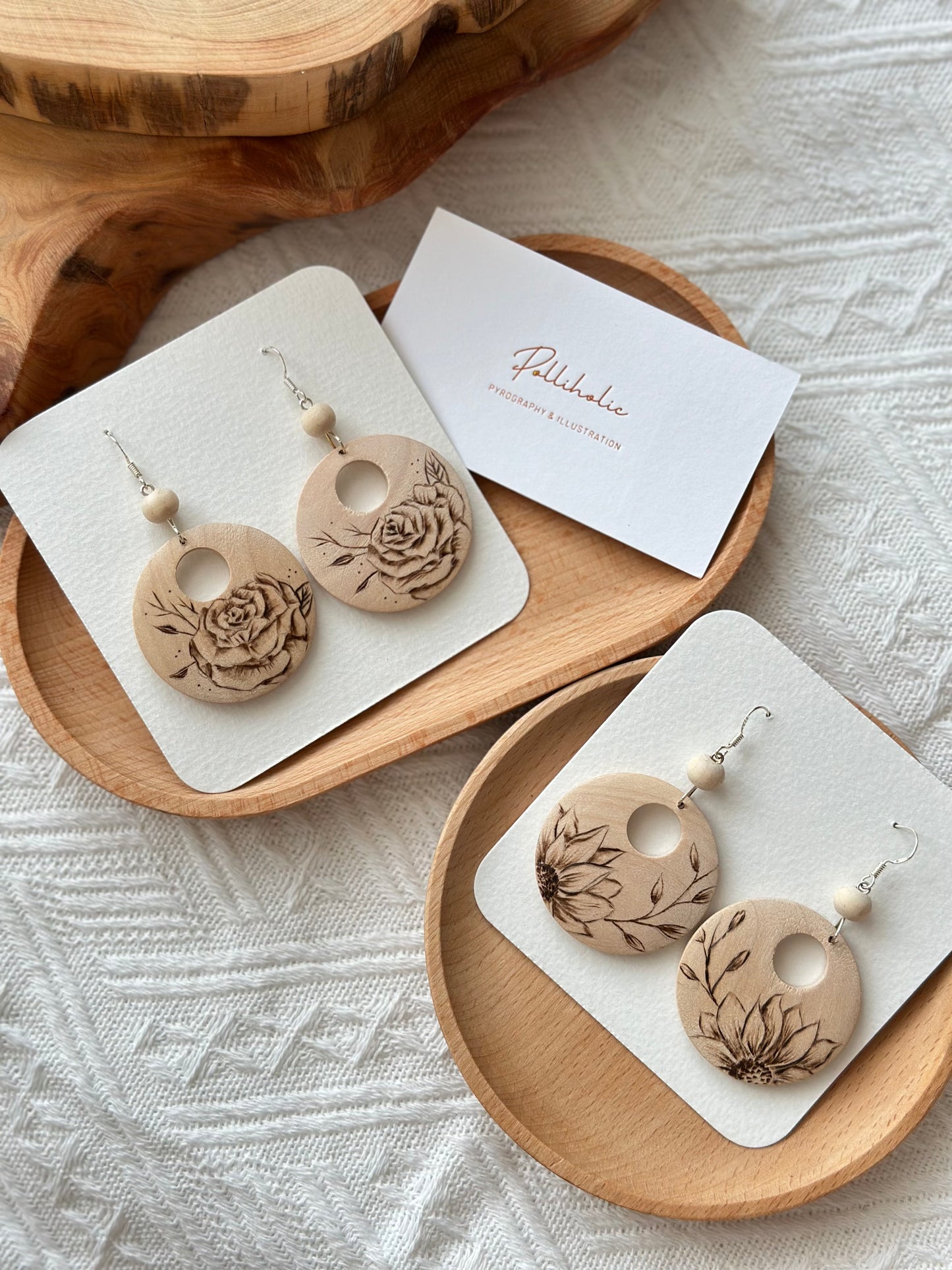 Flower Wood Circle Earrings