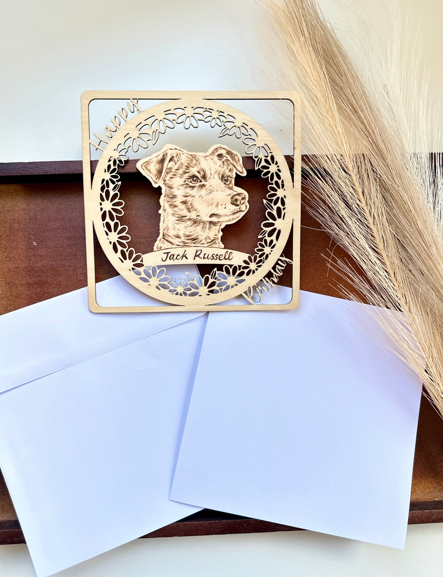 Custom Woodburning Pet Portrait Birthday Card – Personalized Wooden Greeting Card