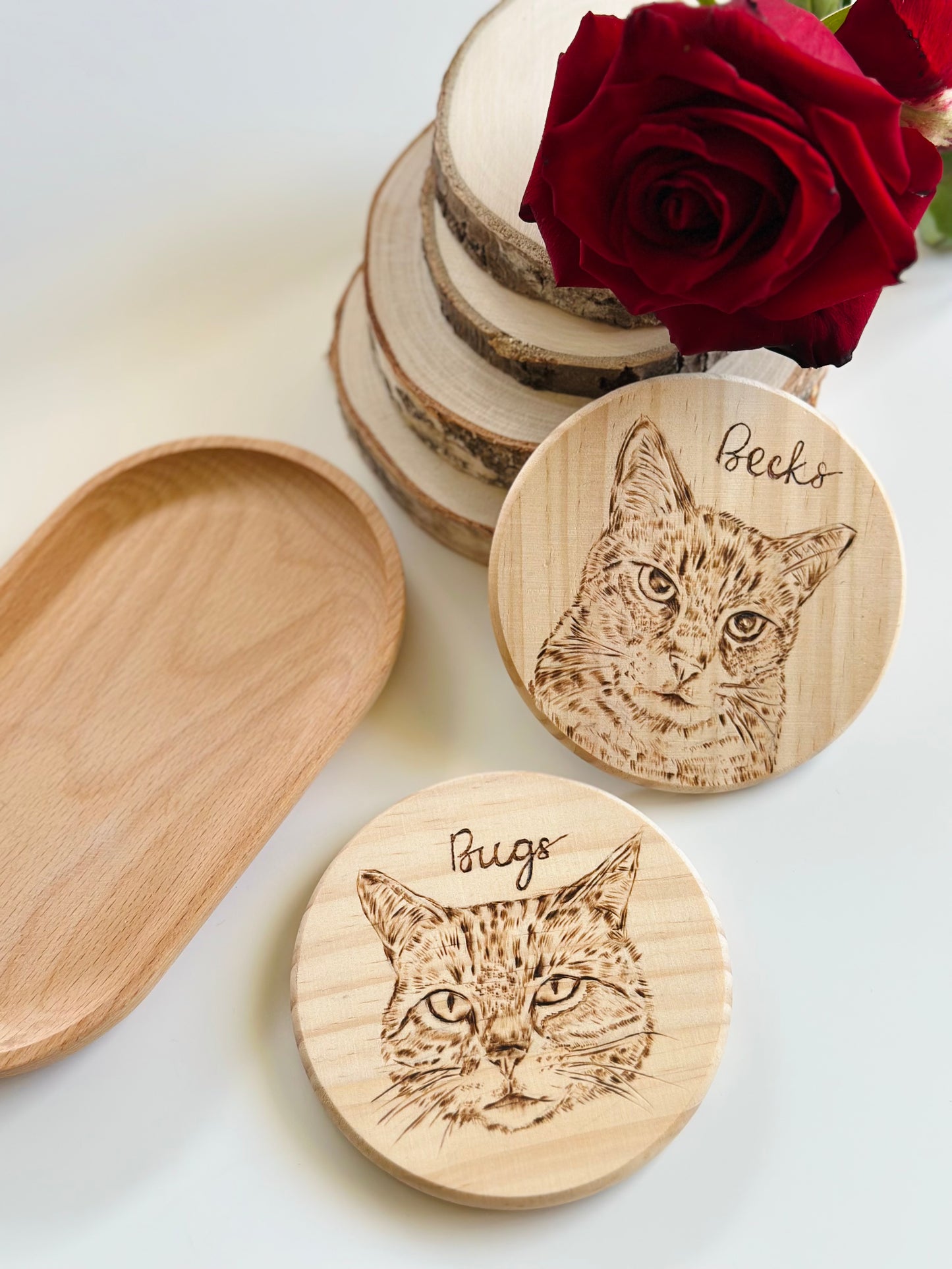 Custom Pet Portrait Wood Coaster – Hand-Burned Pyrography Art