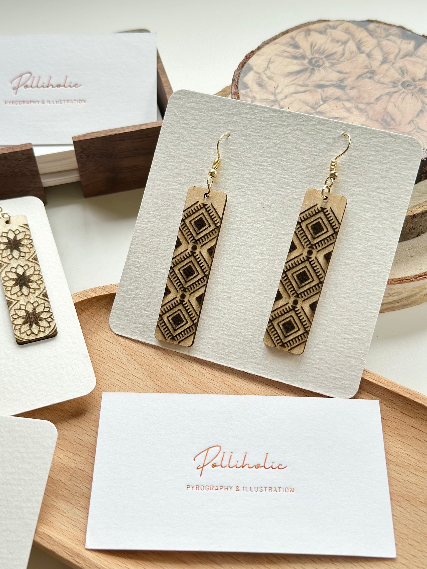 Long Geometric Wood Earrings