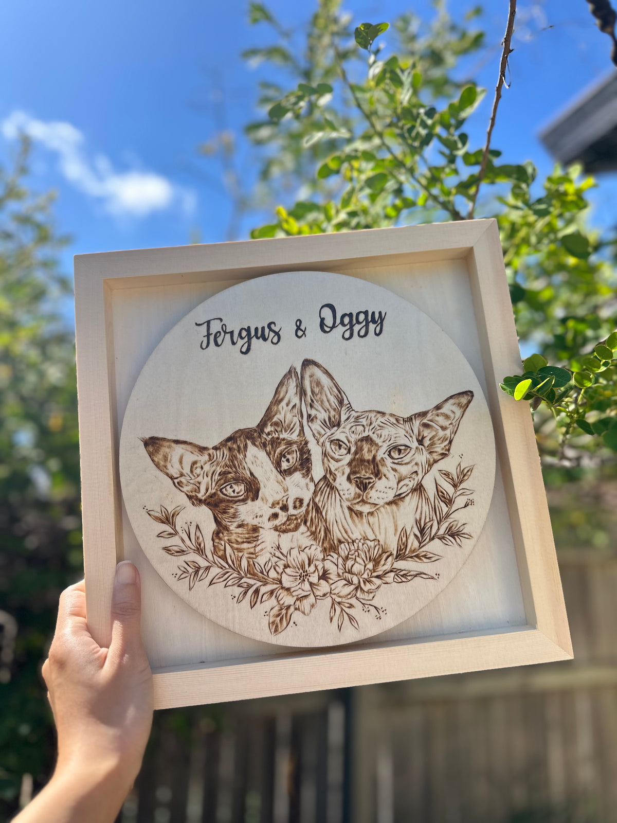 Custom Pet Portrait on Plywood – 30x30 cm Framed Pyrography Art