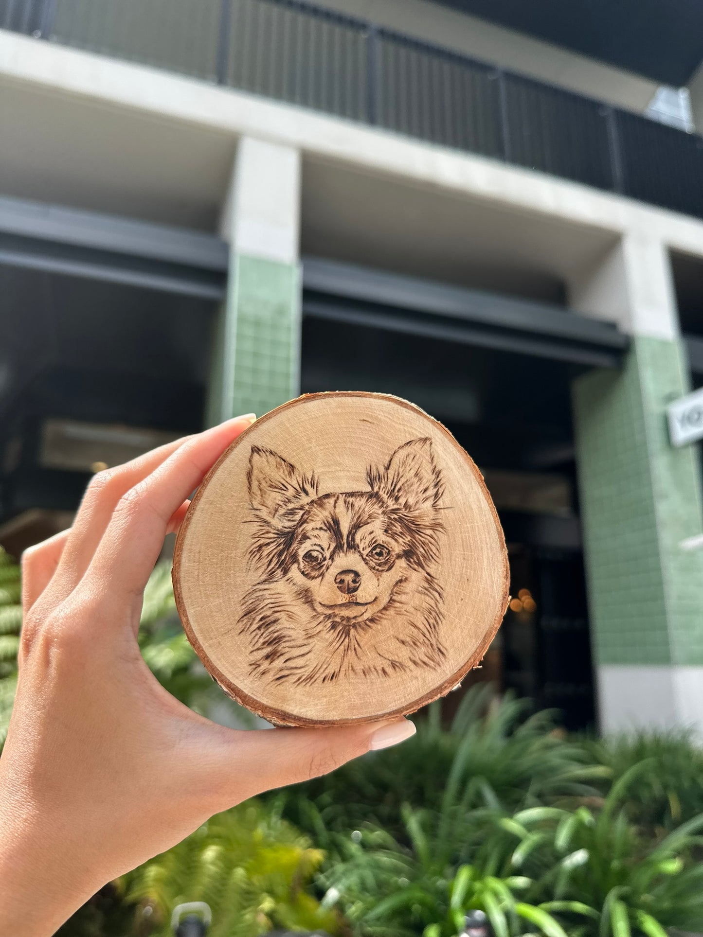Natural Wood Circle Custom Pet Portrait – Hand-Burned Pyrography Art
