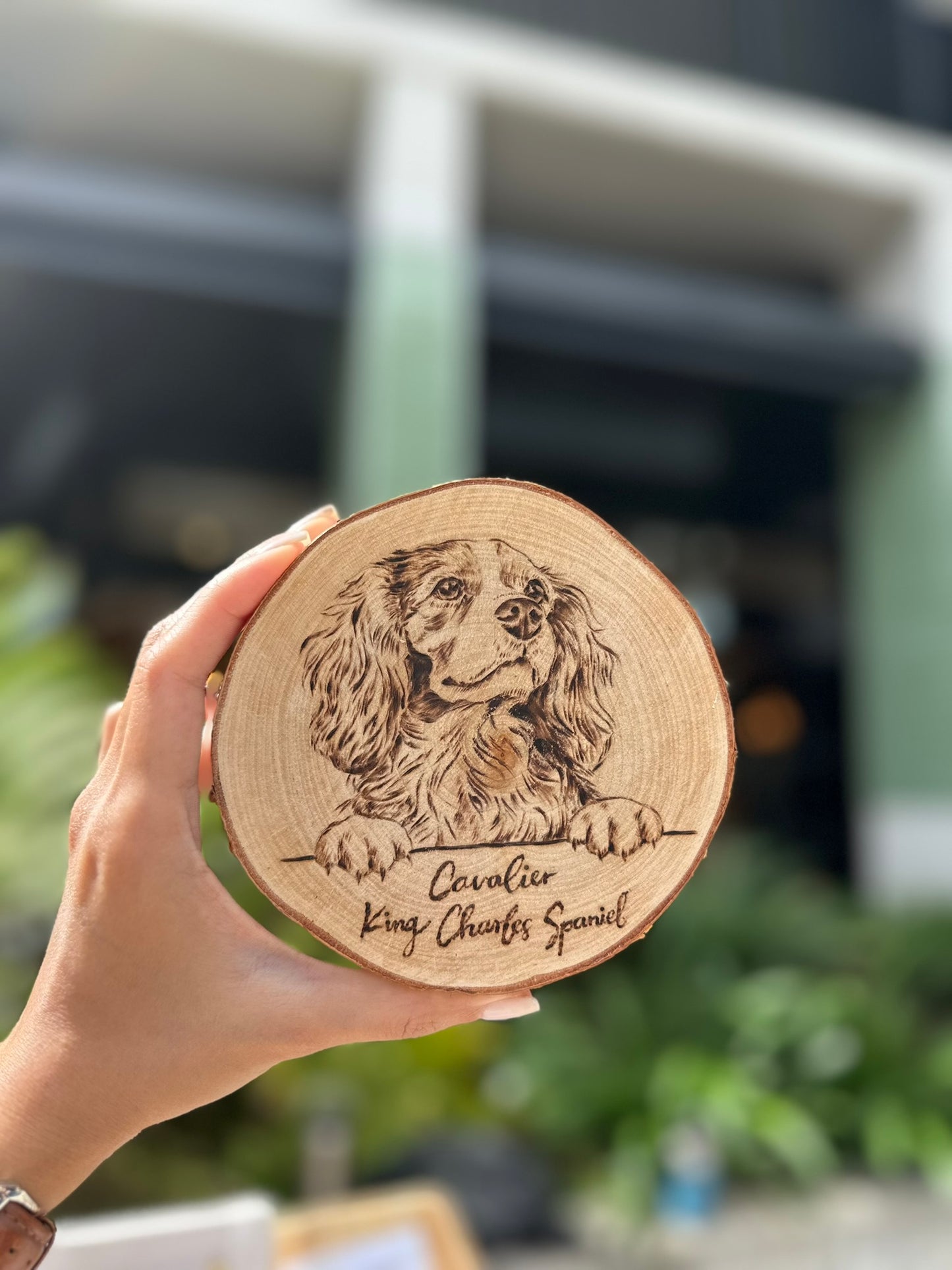 Natural Wood Circle Custom Pet Portrait – Hand-Burned Pyrography Art