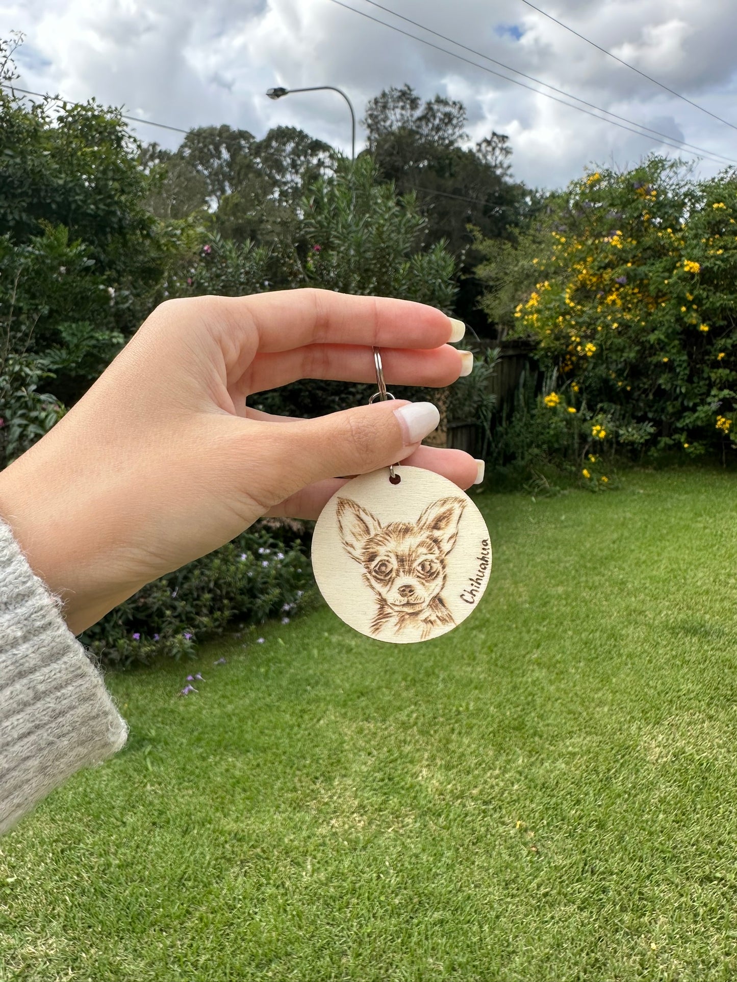 Custom Pet Portrait Key Ring – Handmade Pyrography on Wood