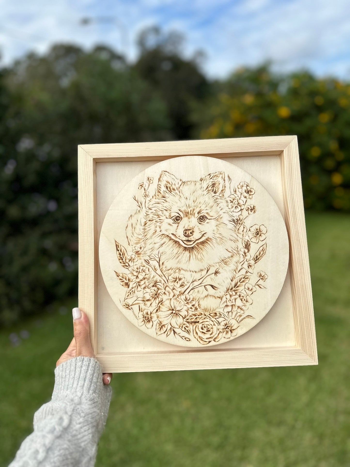 Custom Pet Portrait on Plywood – 30x30 cm Framed Pyrography Art
