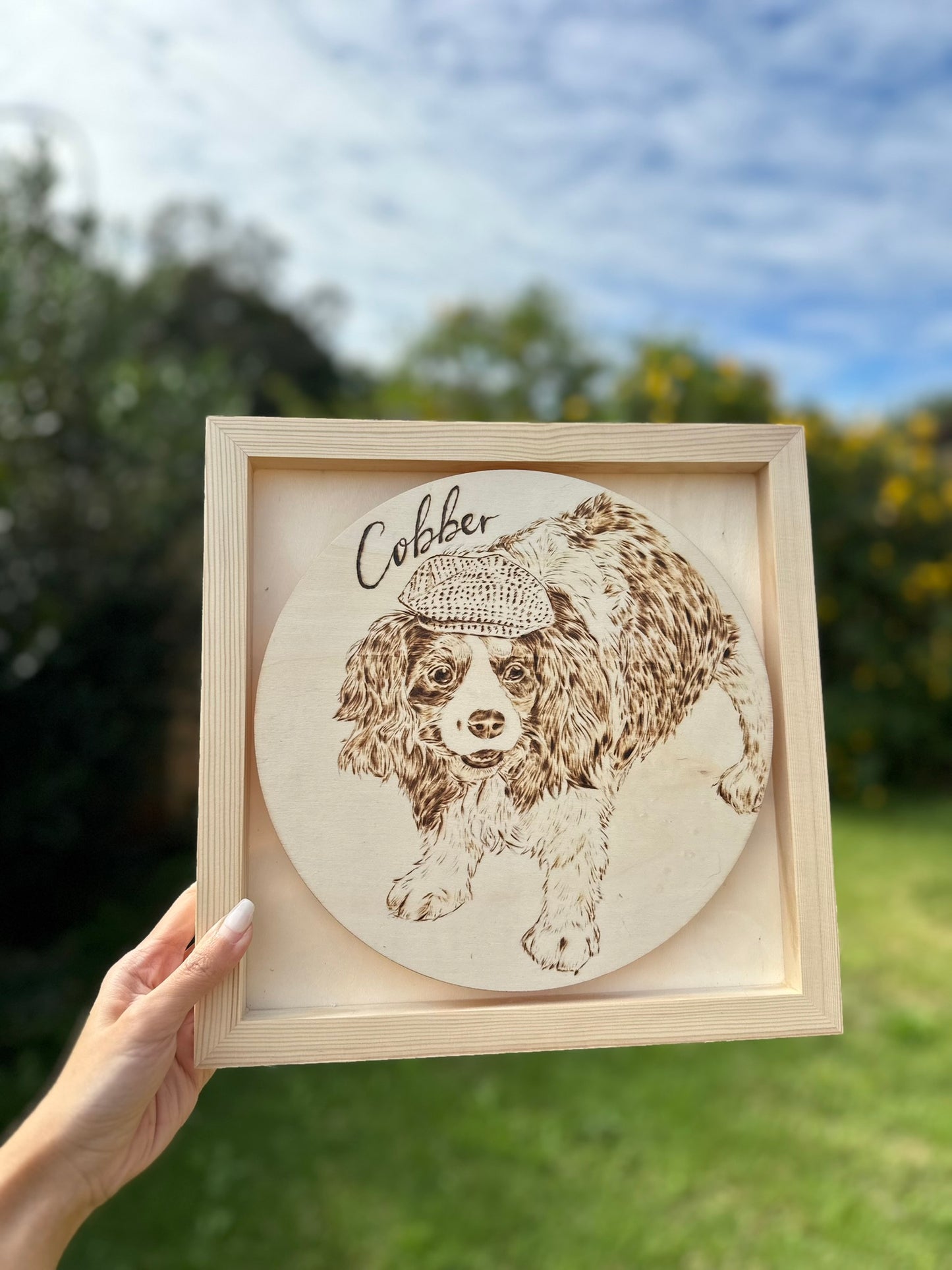 Custom Pet Portrait on Plywood – 30x30 cm Framed Pyrography Art