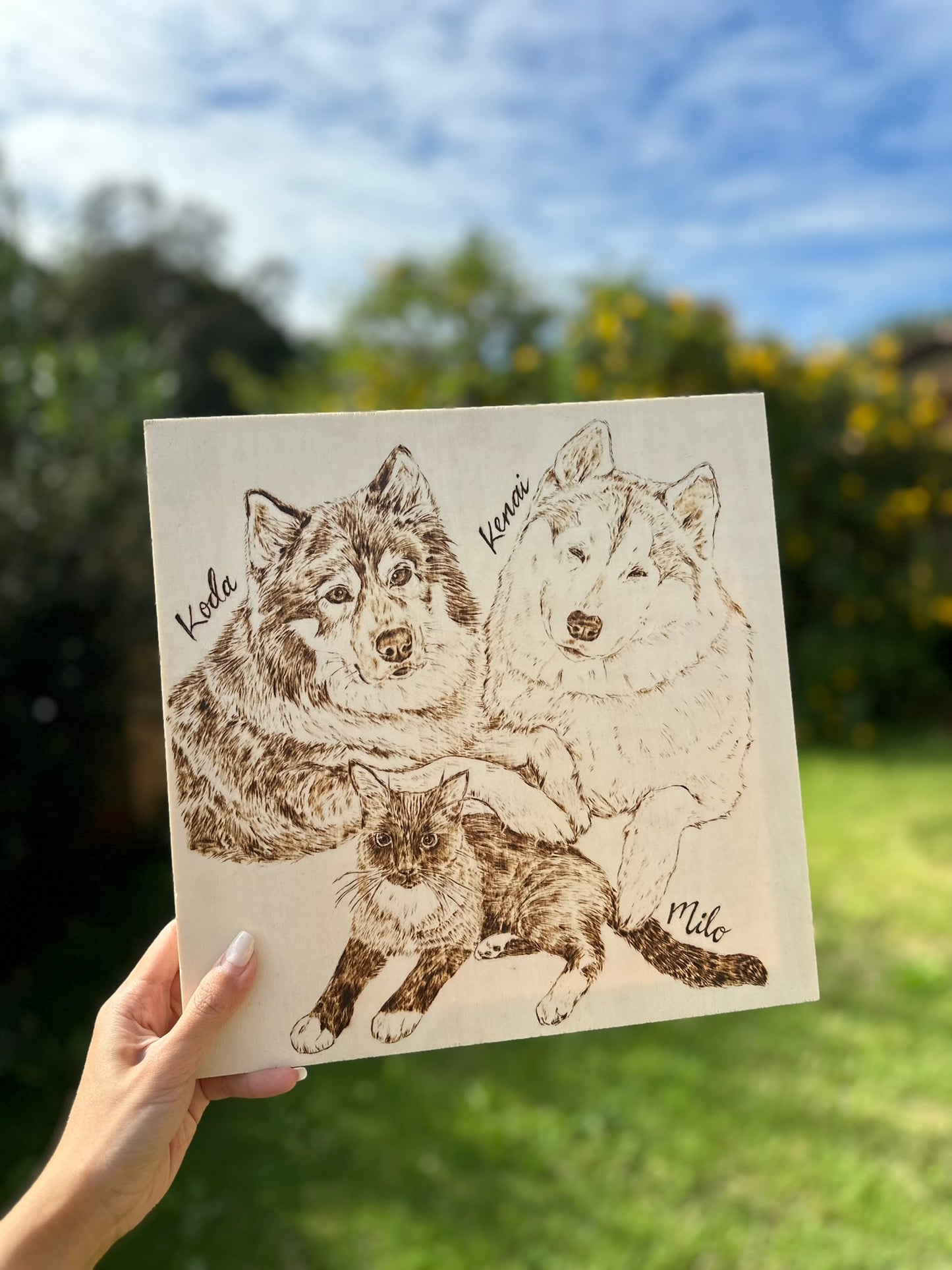 Custom Pet Portrait on Plywood – 30x30 cm Framed Pyrography Art
