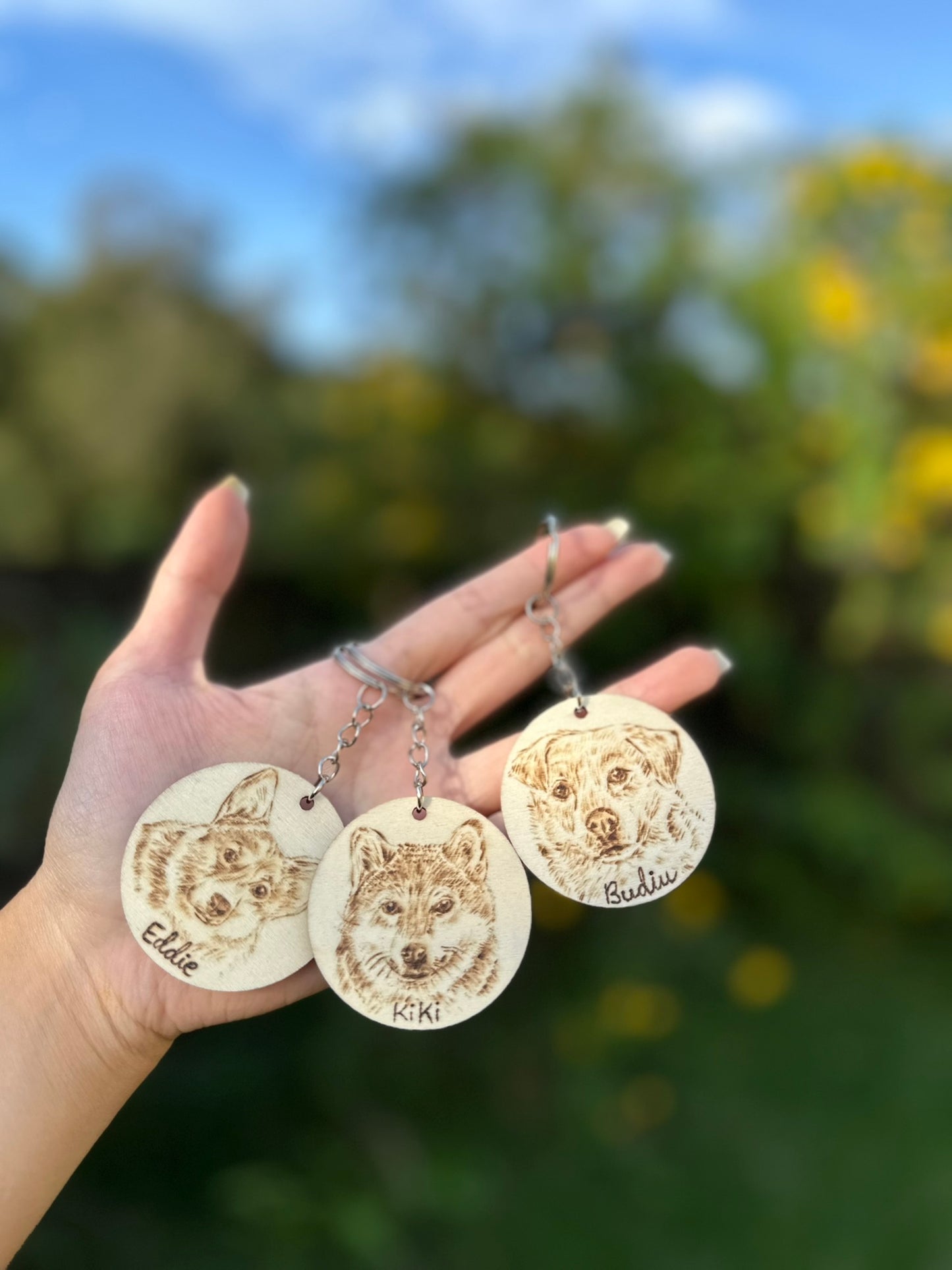 Custom Pet Portrait Key Ring – Handmade Pyrography on Wood