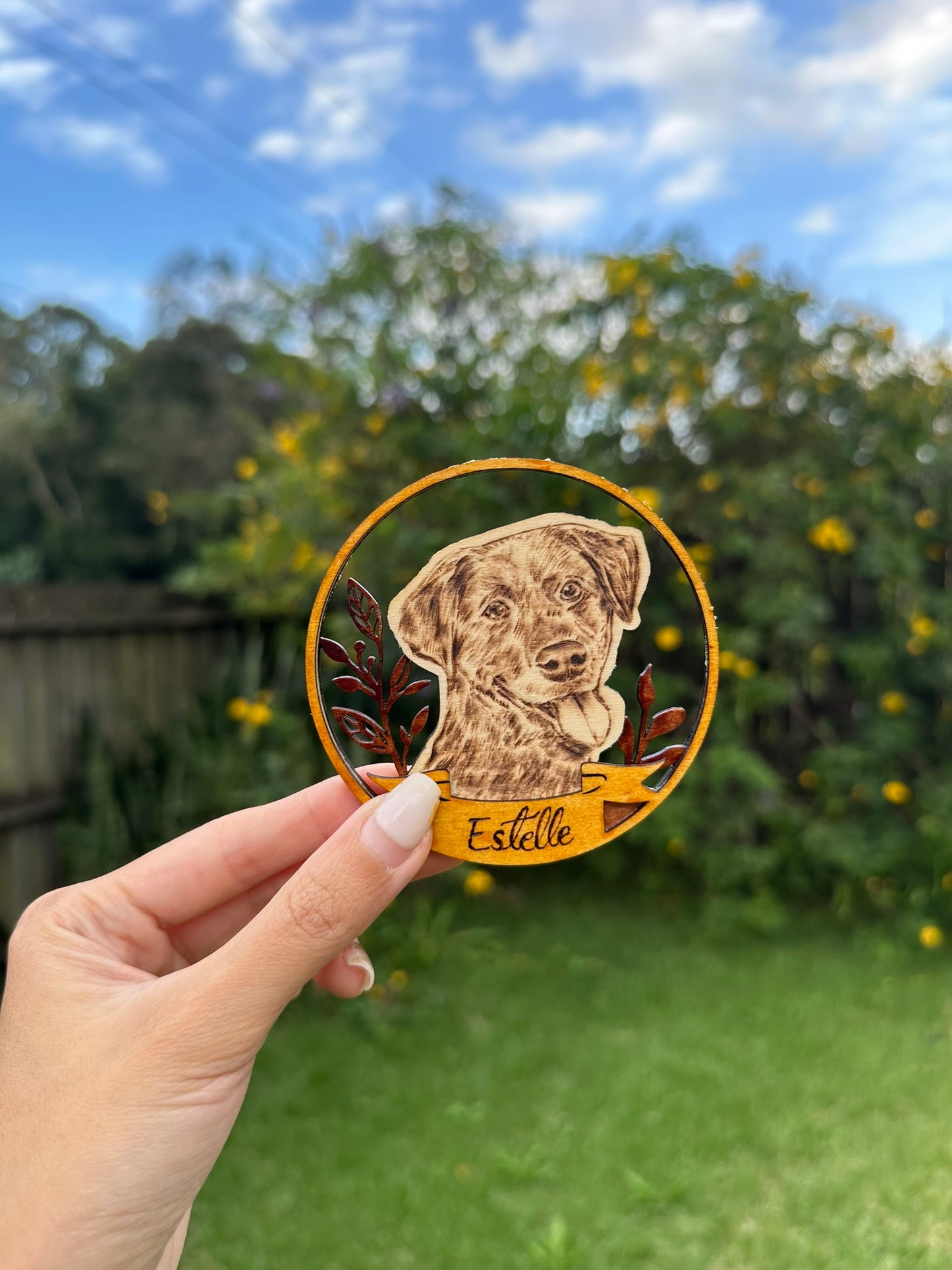 Custom Pet Portrait on Wood Layered Artwork Display – Handmade Pyrography Art