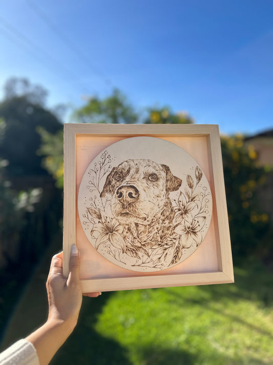 Custom Pet Portrait on Plywood – 30x30 cm Framed Pyrography Art