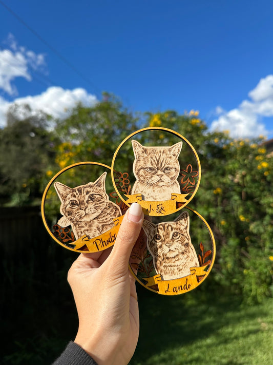 Custom Pet Portrait on Wood Layered Artwork Magnet Display – Handmade Pyrography Art