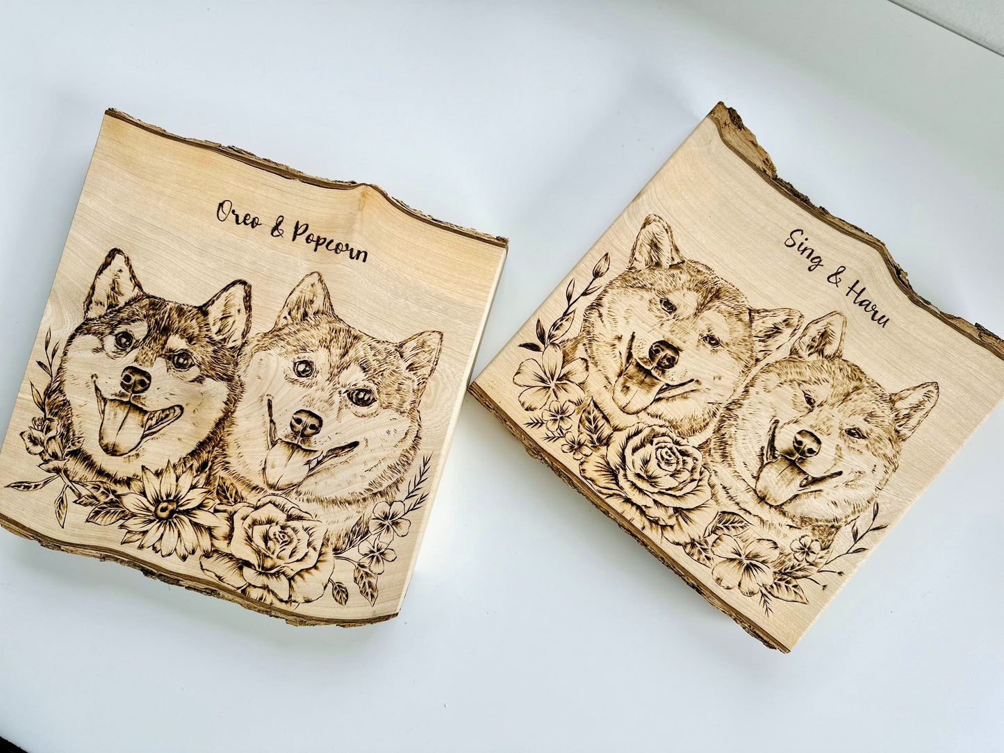 Custom Pet Portrait on Natural Wood with Bark – Handmade Pyrography Art