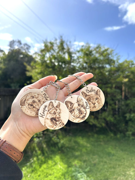Custom Pet Portrait Key Ring – Handmade Pyrography on Wood