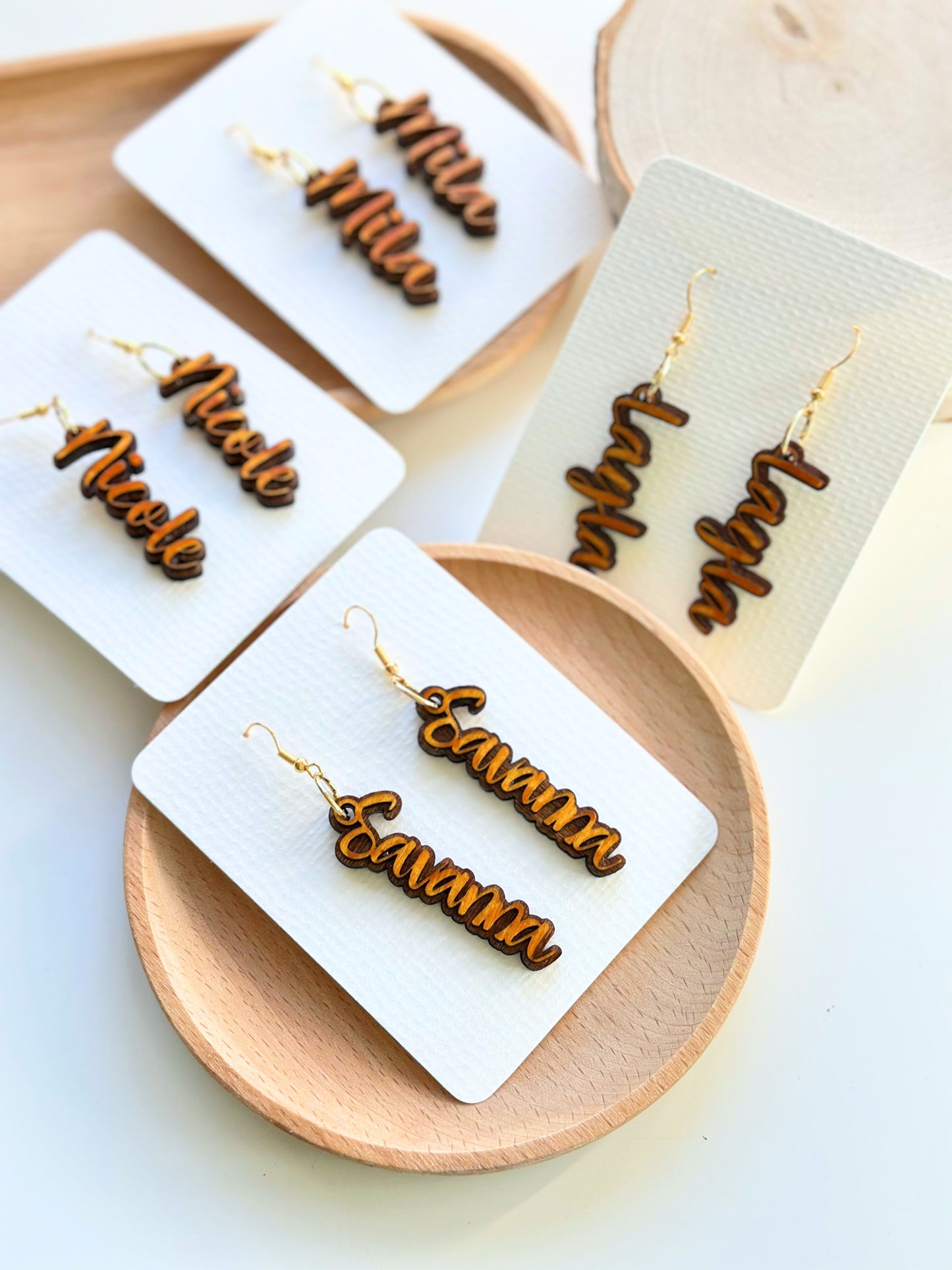 Personalised name earrings dangle details