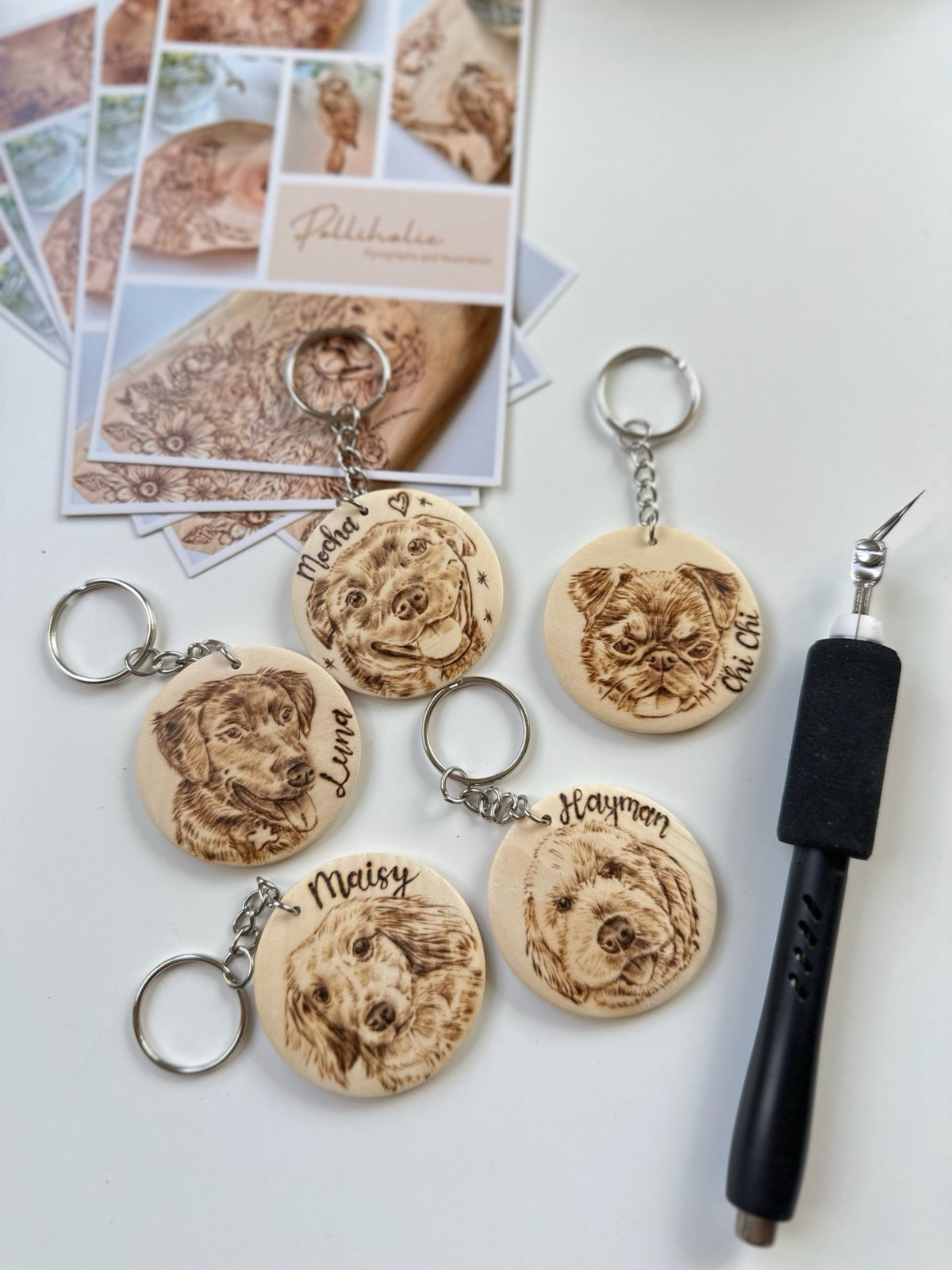 Custom Pet Portrait Key Ring – Handmade Pyrography on Wood