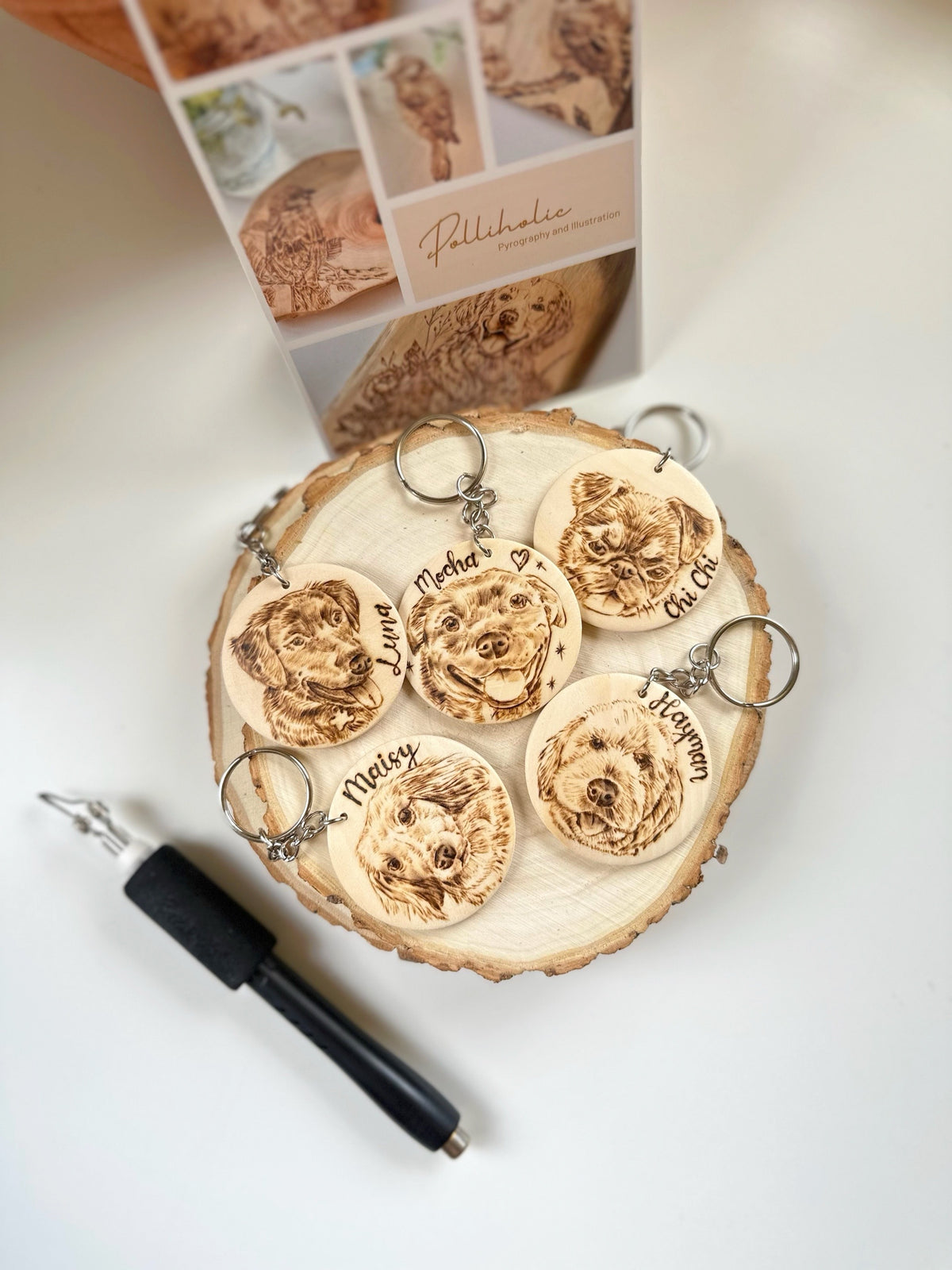 Custom Pet Portrait Key Ring – Handmade Pyrography on Wood