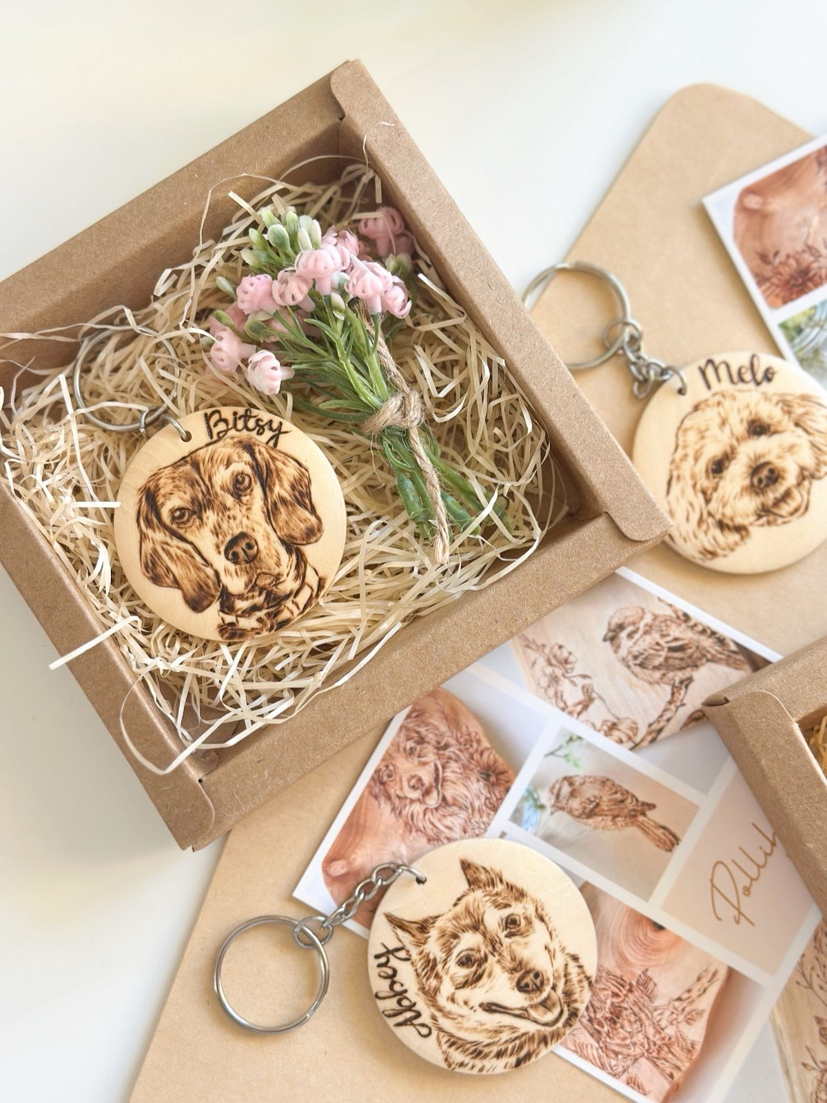Custom Pet Portrait Key Ring – Handmade Pyrography on Wood