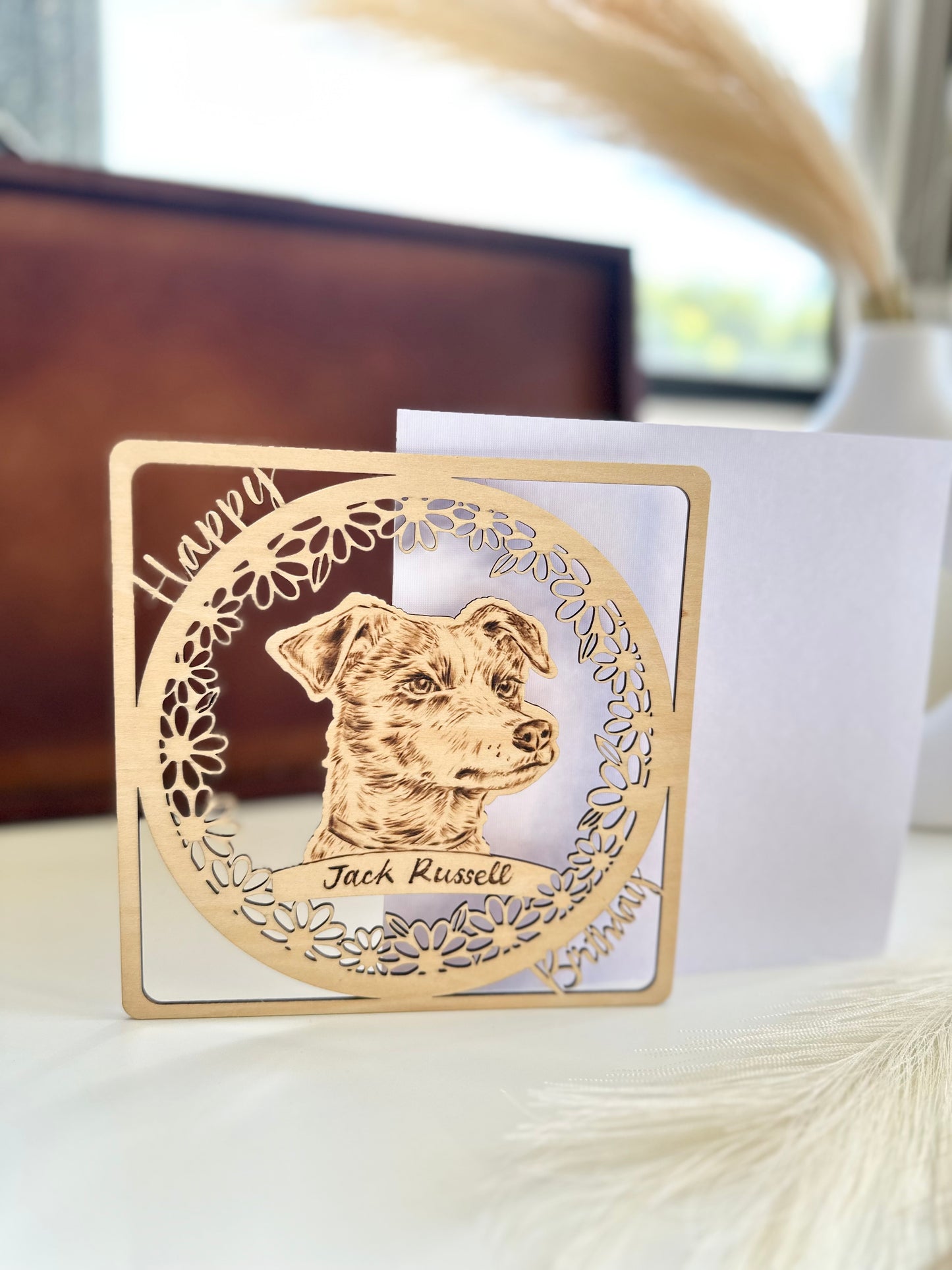 Custom Woodburning Pet Portrait Birthday Card – Personalized Wooden Greeting Card