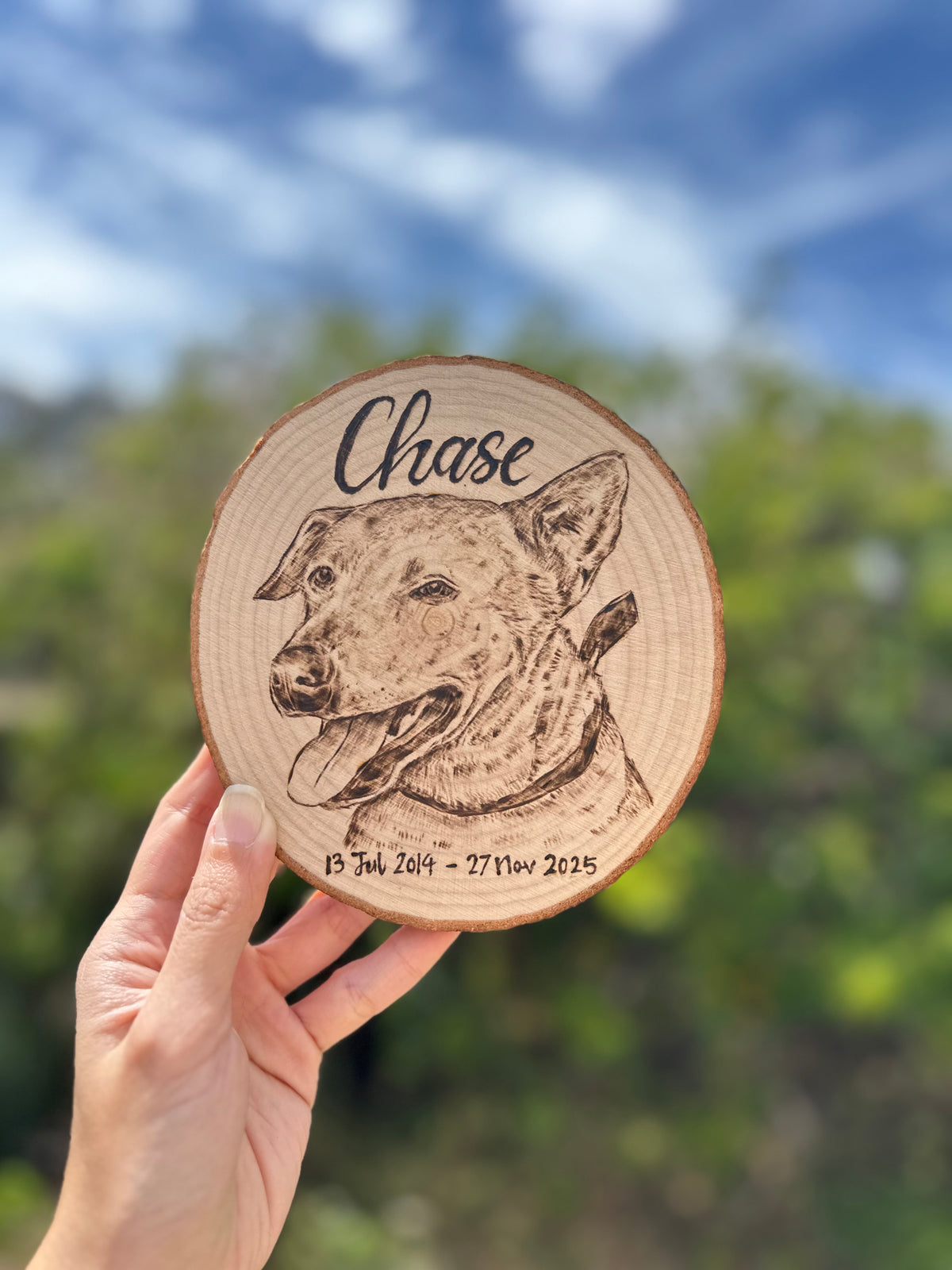 Natural Wood Circle Custom Pet Portrait – Hand-Burned Pyrography Art