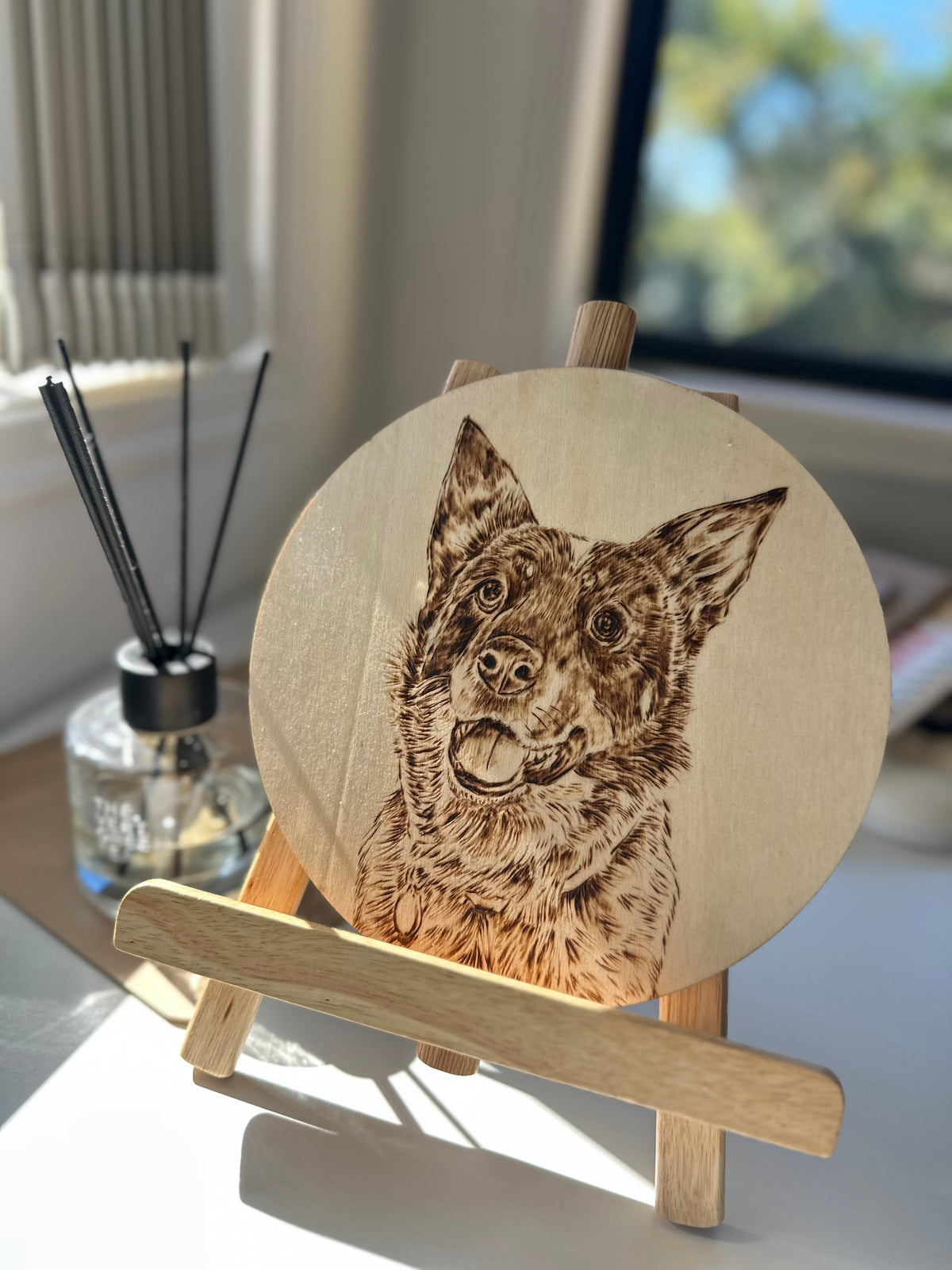 Custom Pet Portrait on Plywood – Thin Circle Plywood Pyrography Art