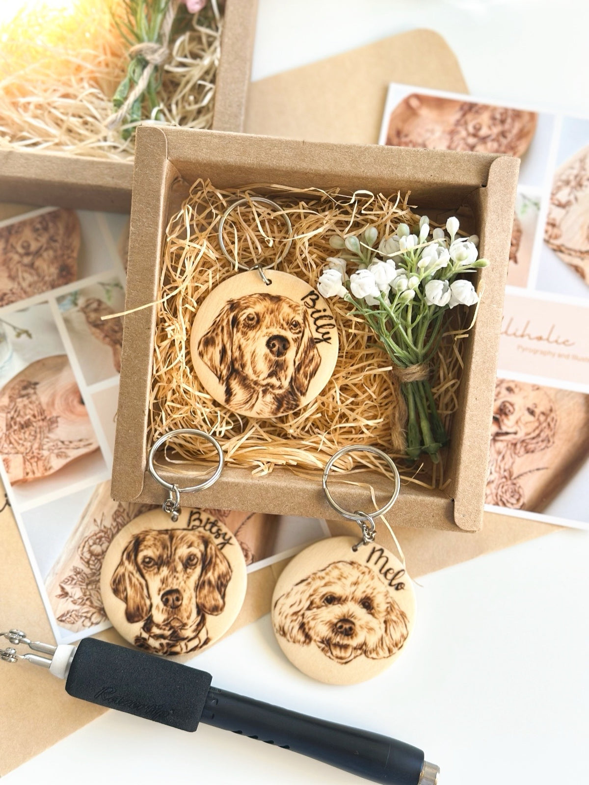 Custom Pet Portrait Key Ring – Handmade Pyrography on Wood