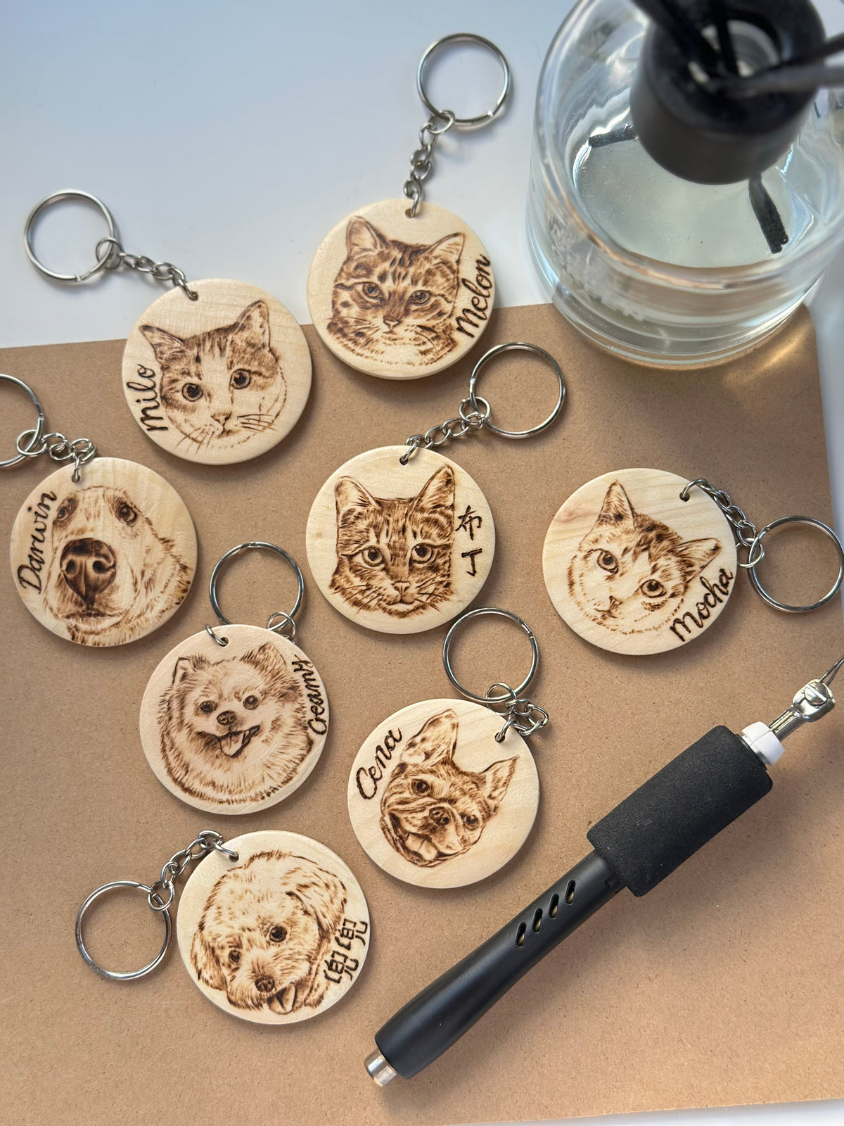 Custom Pet Portrait Key Ring – Handmade Pyrography on Wood
