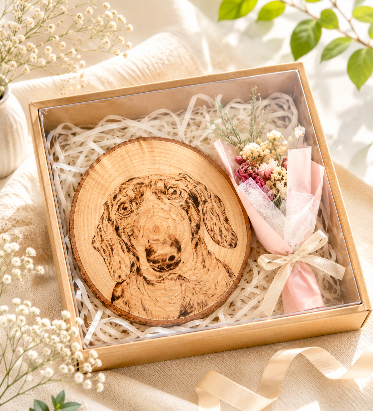 Natural Wood Circle Custom Pet Portrait – Hand-Burned Pyrography Art