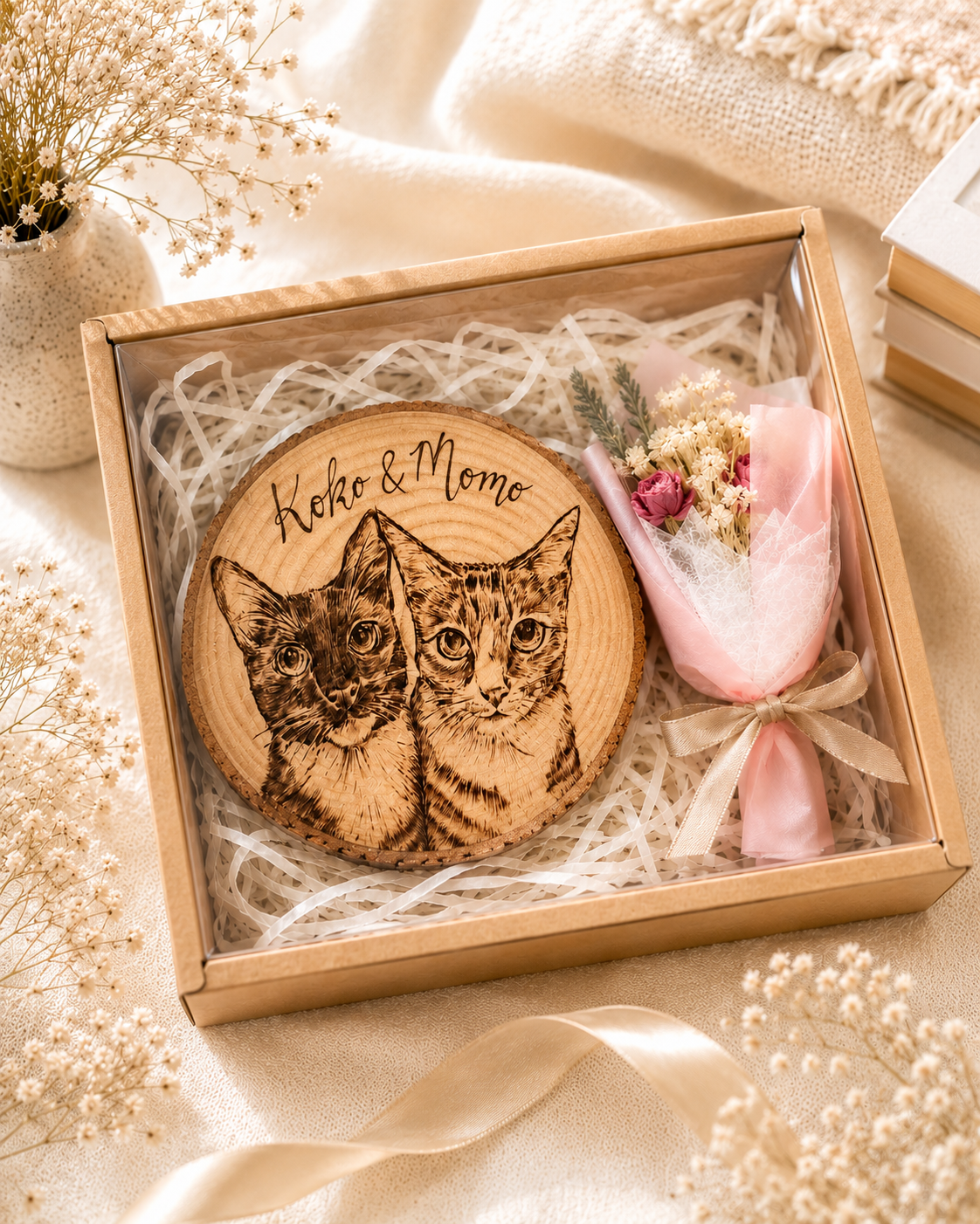 Natural Wood Circle Custom Pet Portrait – Hand-Burned Pyrography Art