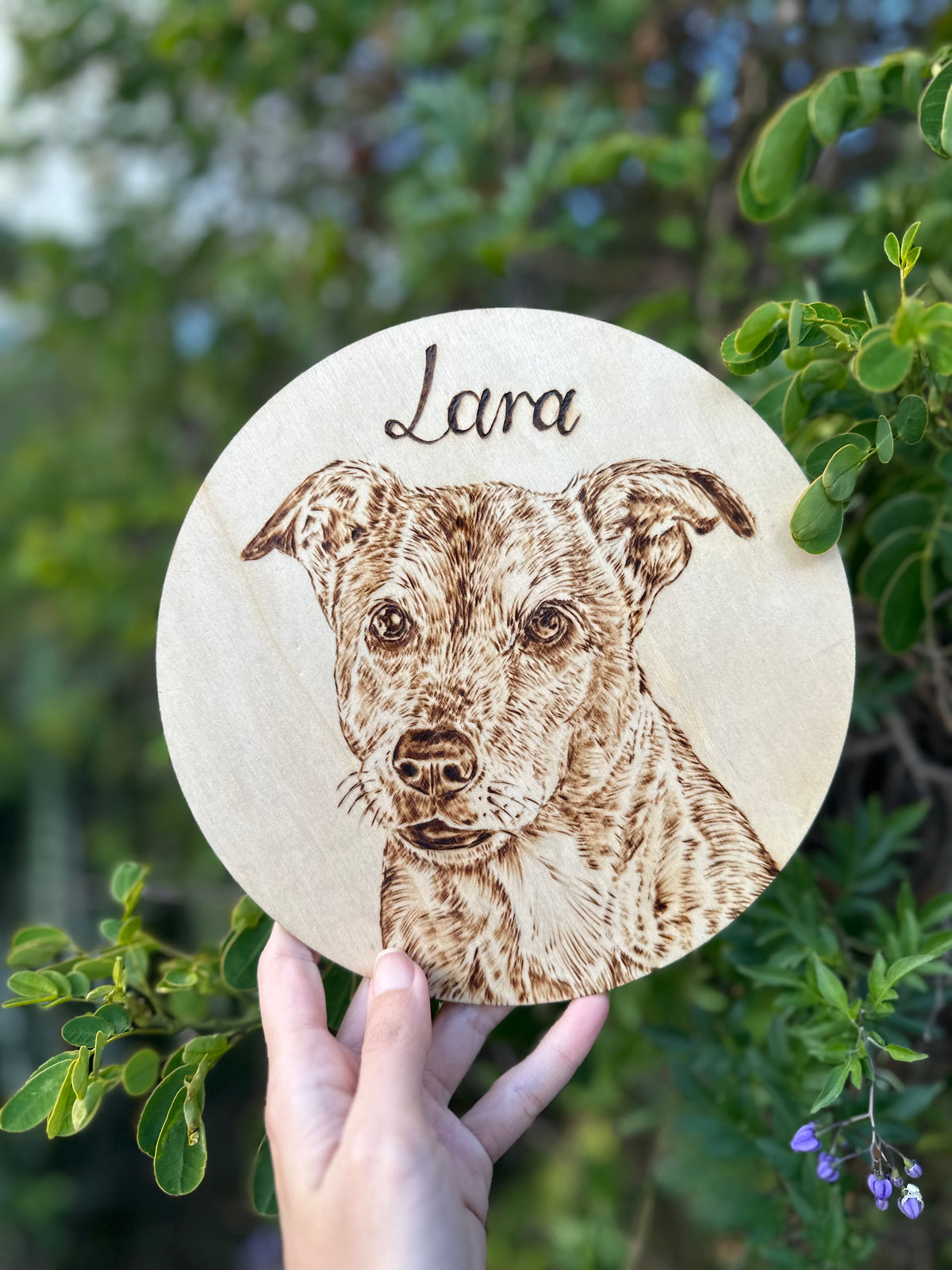 Custom Pet Portrait on Plywood – Thin Circle Plywood Pyrography Art