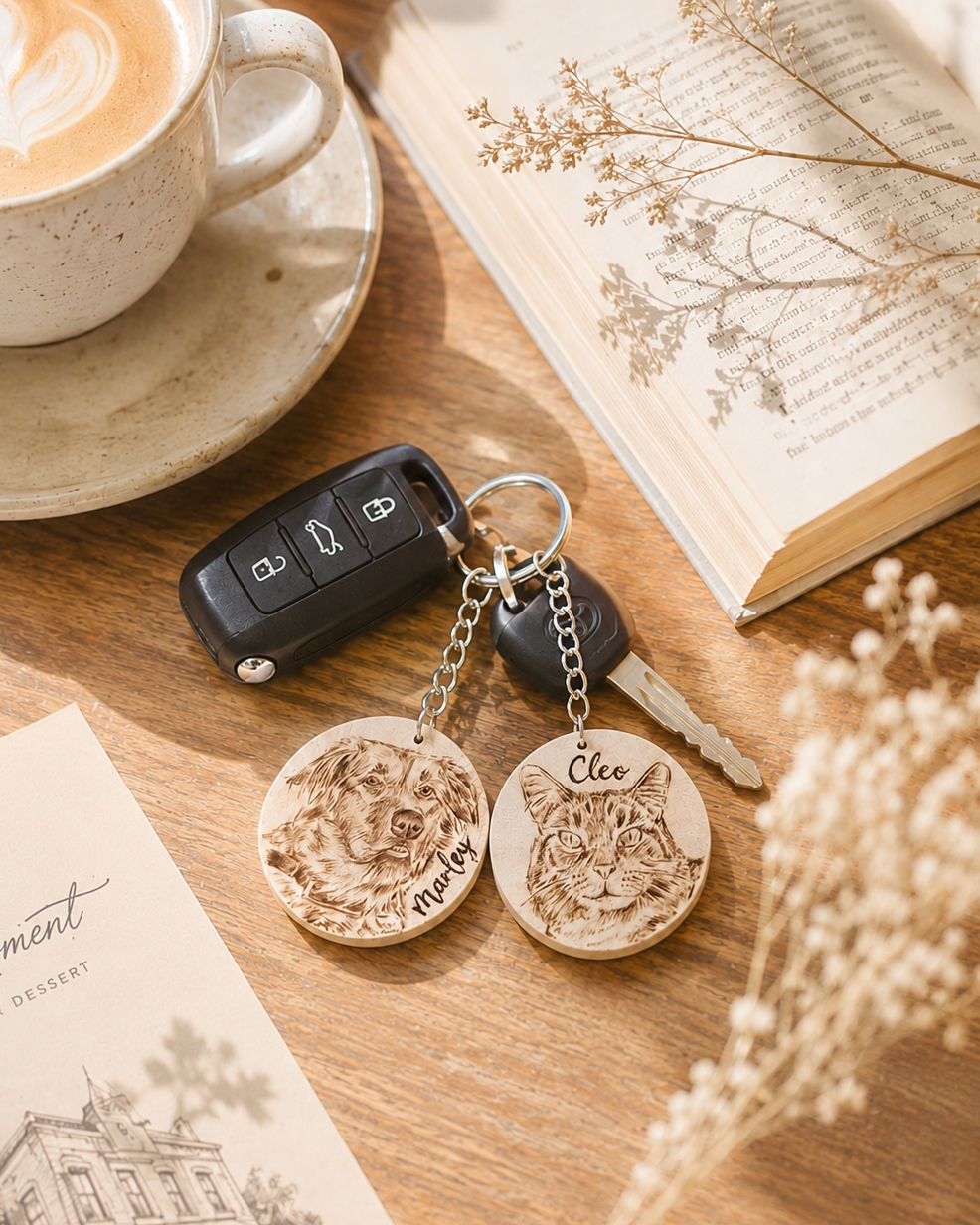 Custom Pet Portrait Key Ring – Handmade Pyrography on Wood