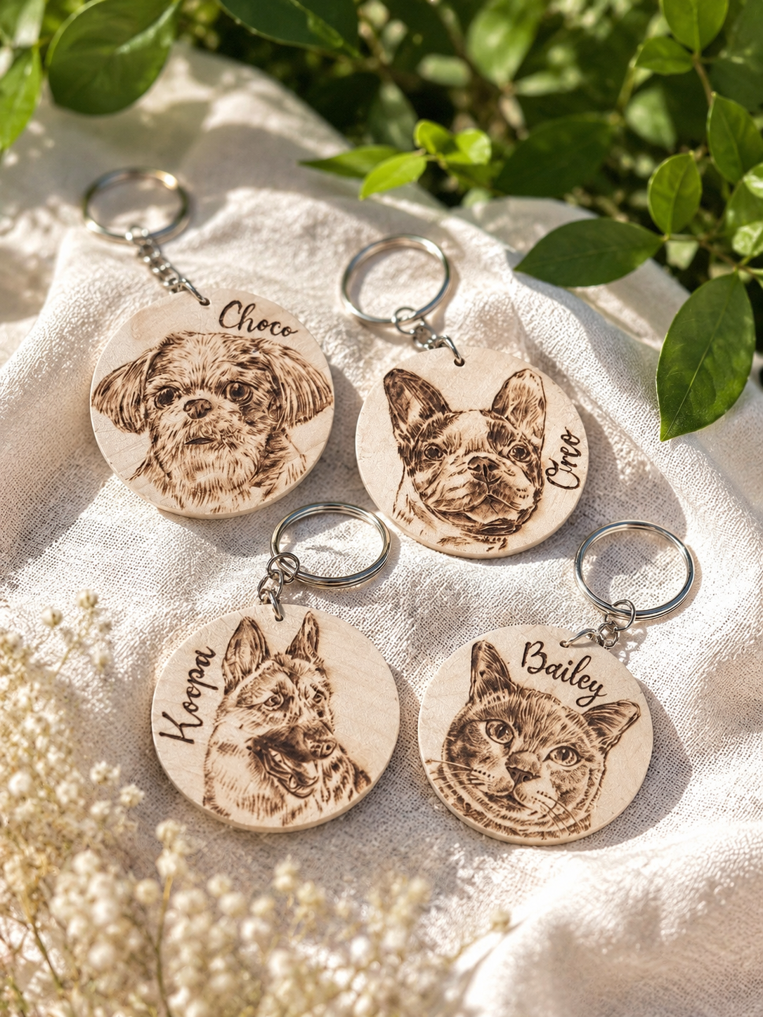 Custom Pet Portrait Key Ring – Handmade Pyrography on Wood