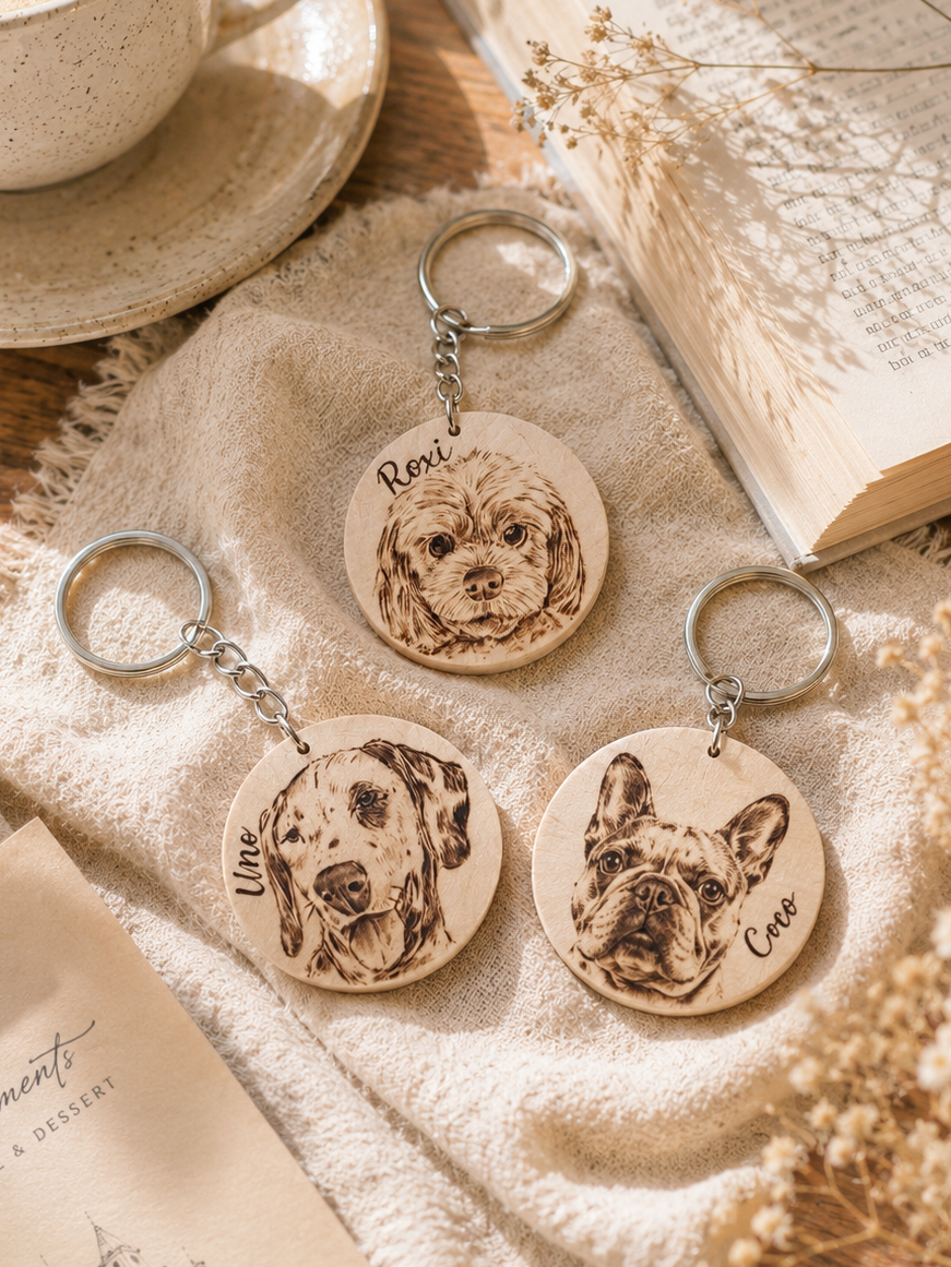 Custom Pet Portrait Key Ring – Handmade Pyrography on Wood