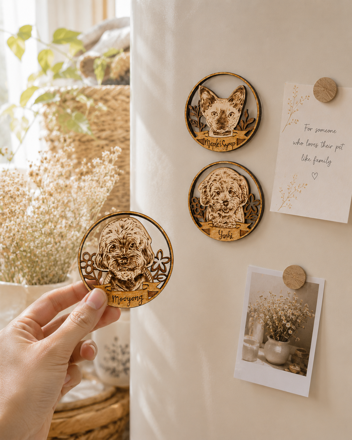 Custom Pet Portrait on Wood Layered Artwork Magnet Display – Handmade Pyrography Art