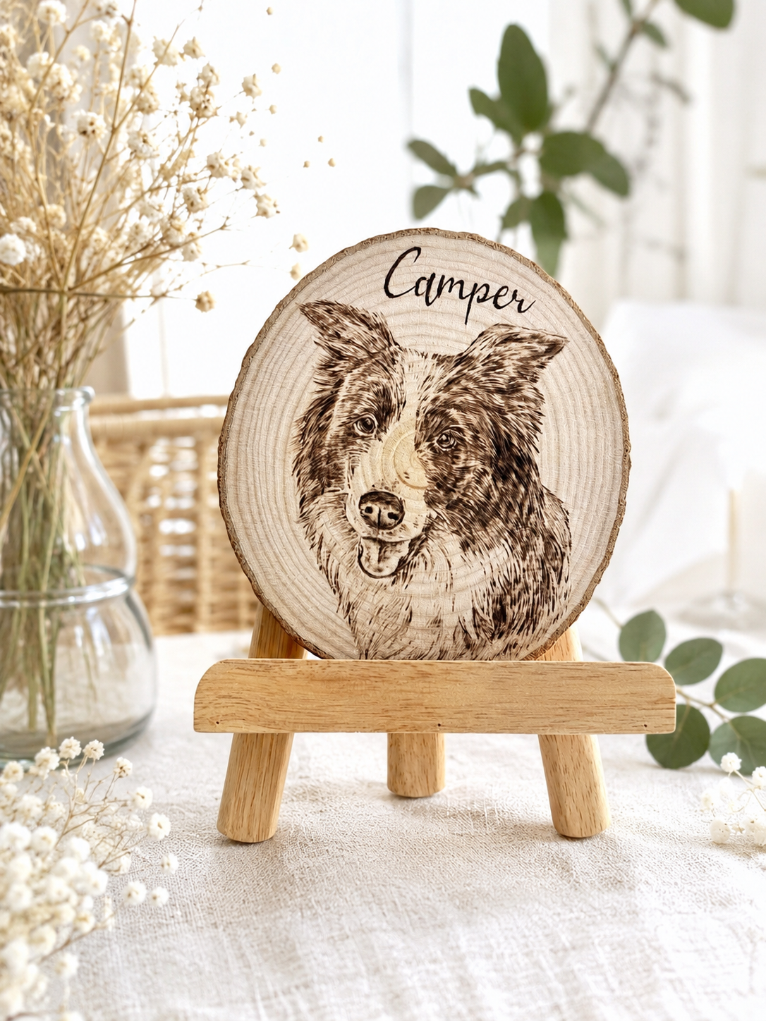 Natural Wood Circle Custom Pet Portrait – Hand-Burned Pyrography Art