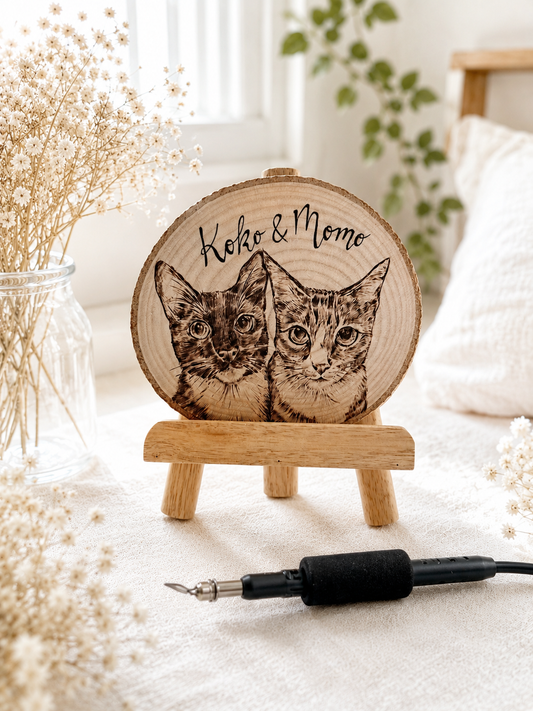 Natural Wood Circle Custom Pet Portrait – Hand-Burned Pyrography Art