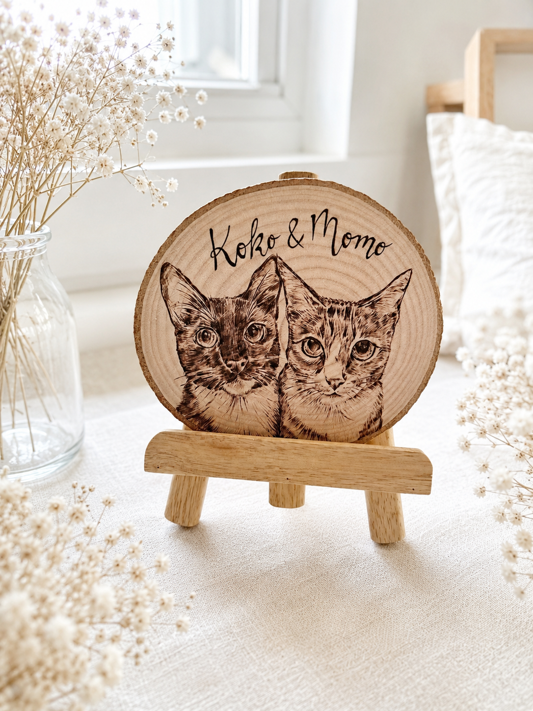 Natural Wood Circle Custom Pet Portrait – Hand-Burned Pyrography Art