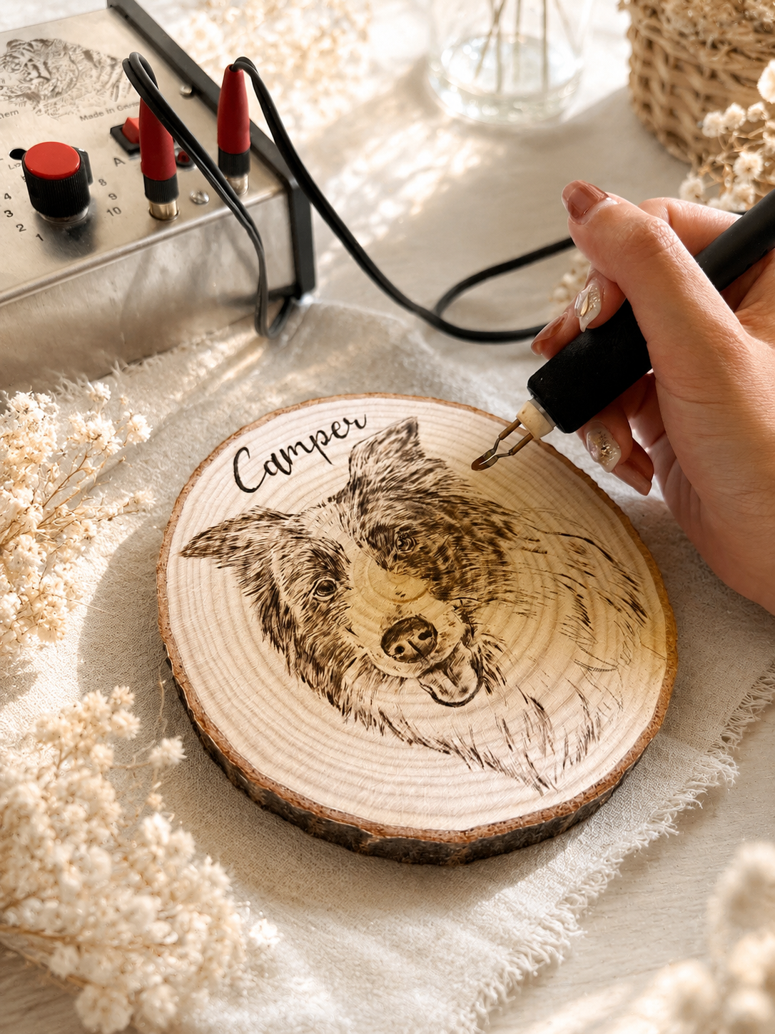 Natural Wood Circle Custom Pet Portrait – Hand-Burned Pyrography Art