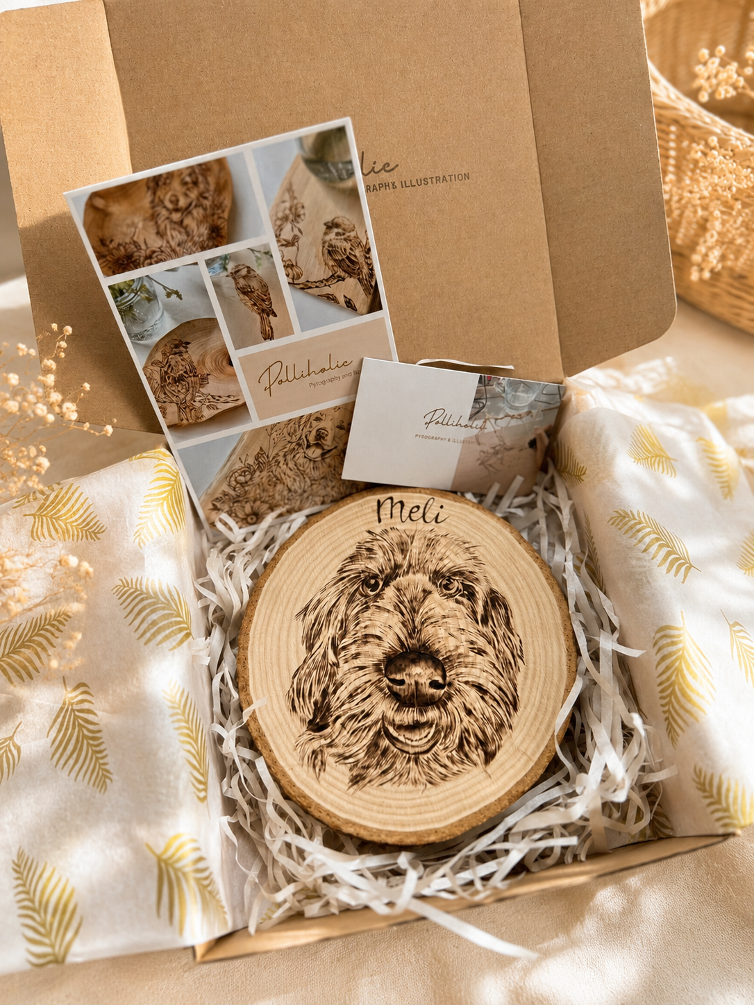 Natural Wood Circle Custom Pet Portrait – Hand-Burned Pyrography Art