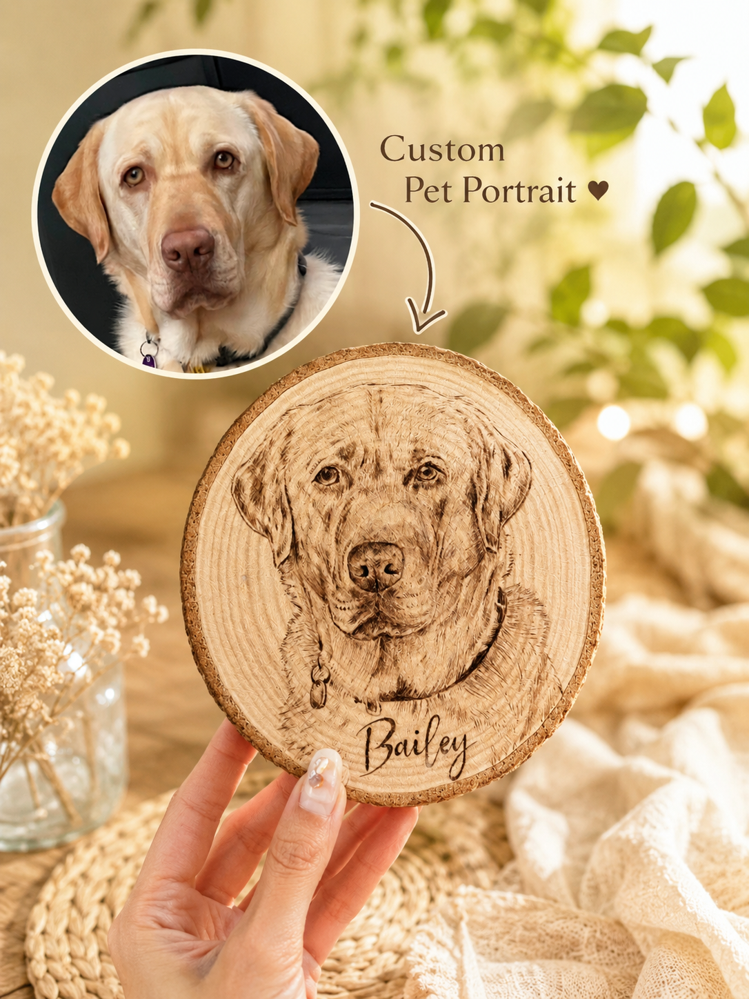 Natural Wood Circle Custom Pet Portrait – Hand-Burned Pyrography Art