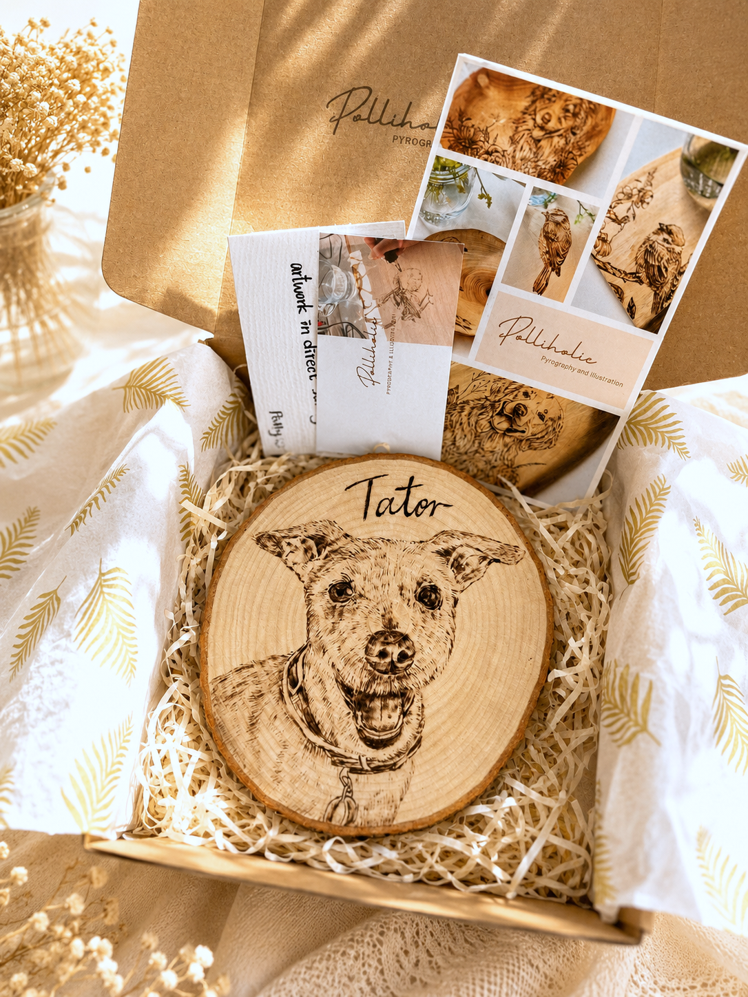 Natural Wood Circle Custom Pet Portrait – Hand-Burned Pyrography Art