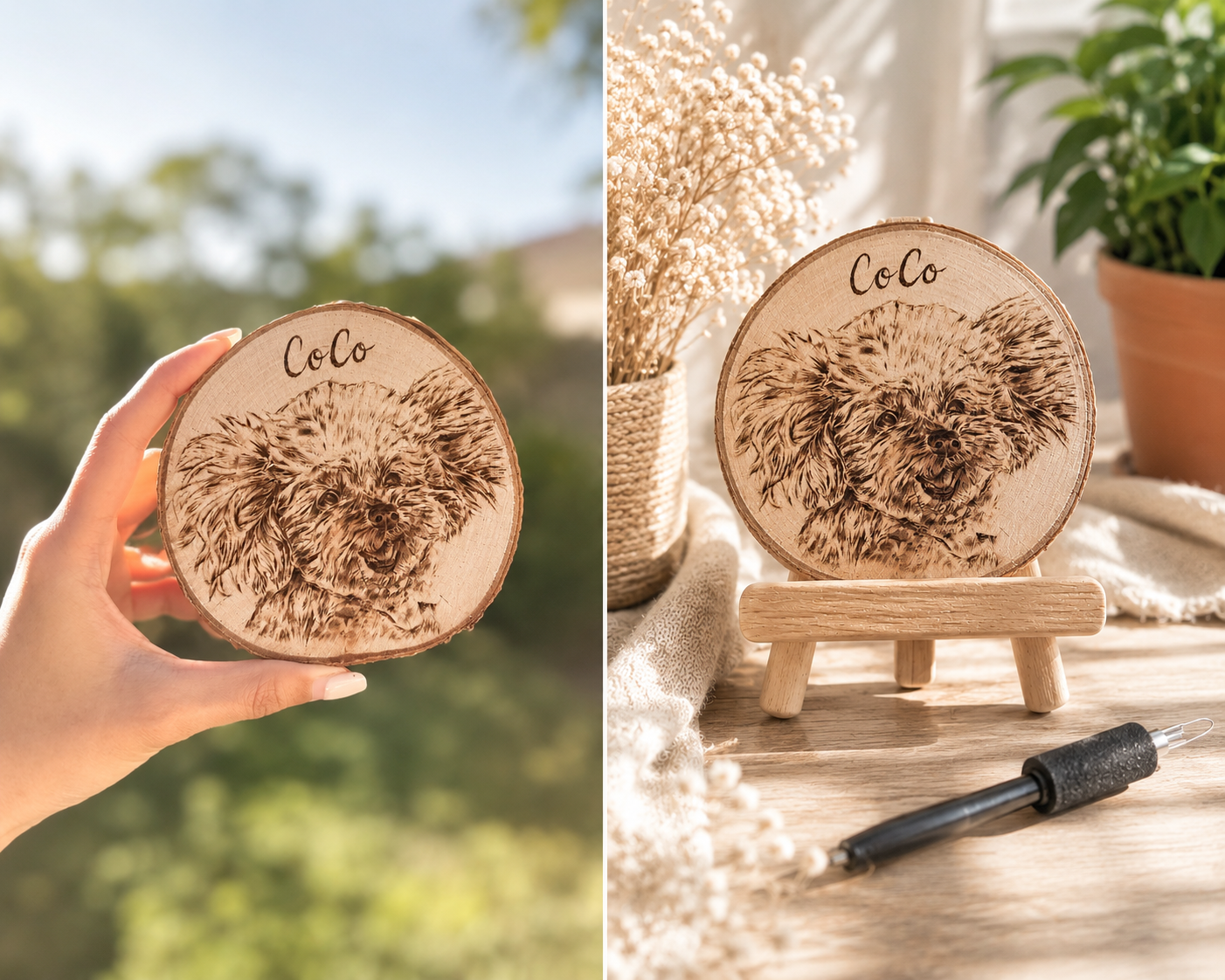 Natural Wood Circle Custom Pet Portrait – Hand-Burned Pyrography Art
